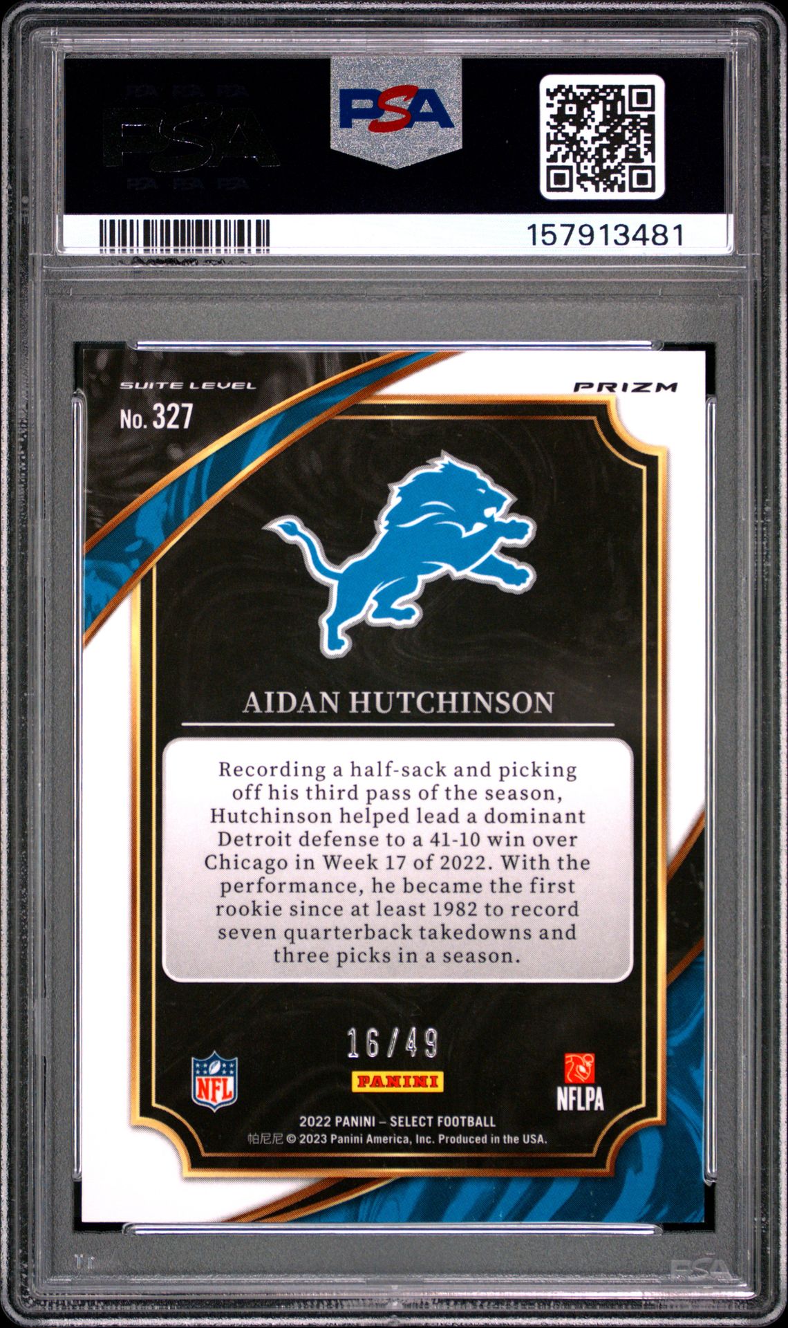 2022 Panini Select Aidan Hutchinson #327 (Red Prizm) Mint 9 back