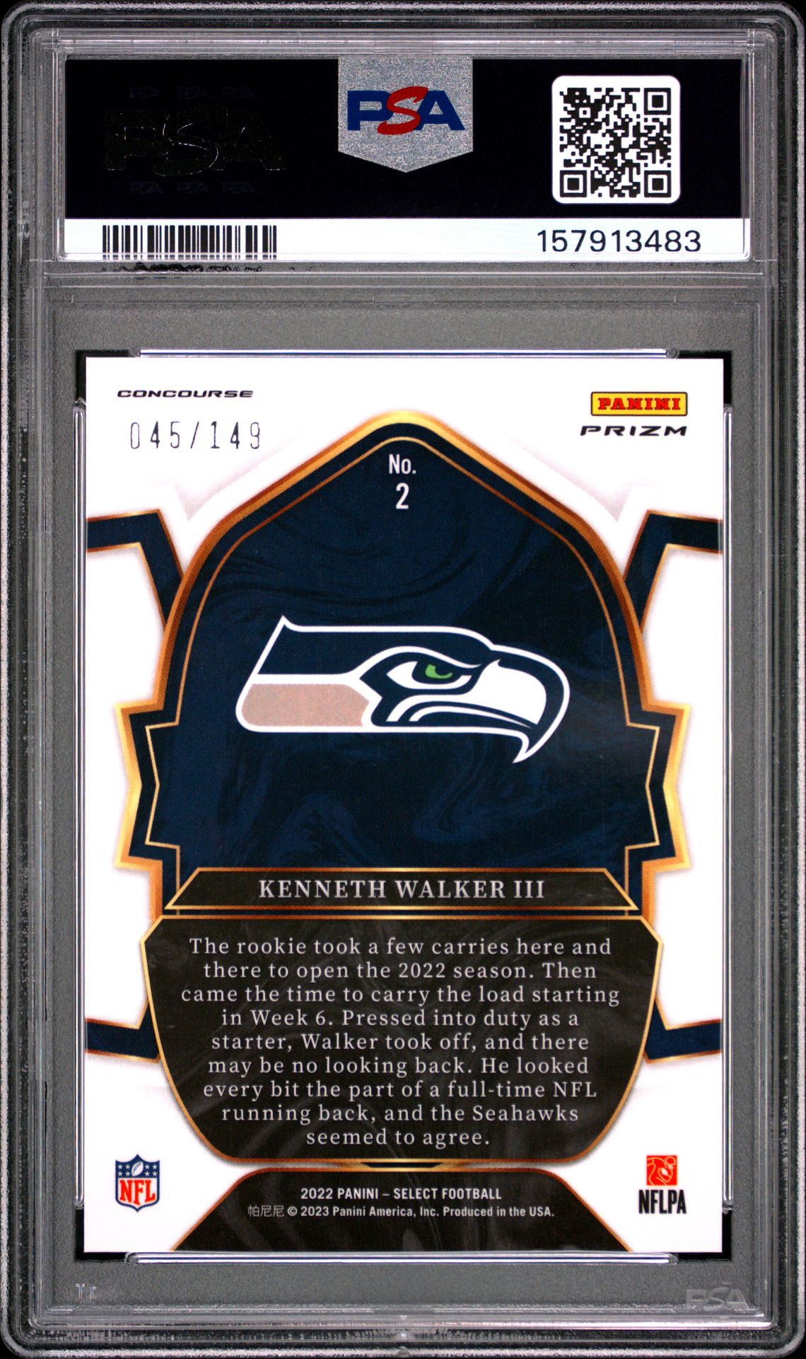2022 Panini Select Kenneth Walker Iii #2 (Maroon Prizm) Gem Mt 10 back view - PSA certificate #157913483