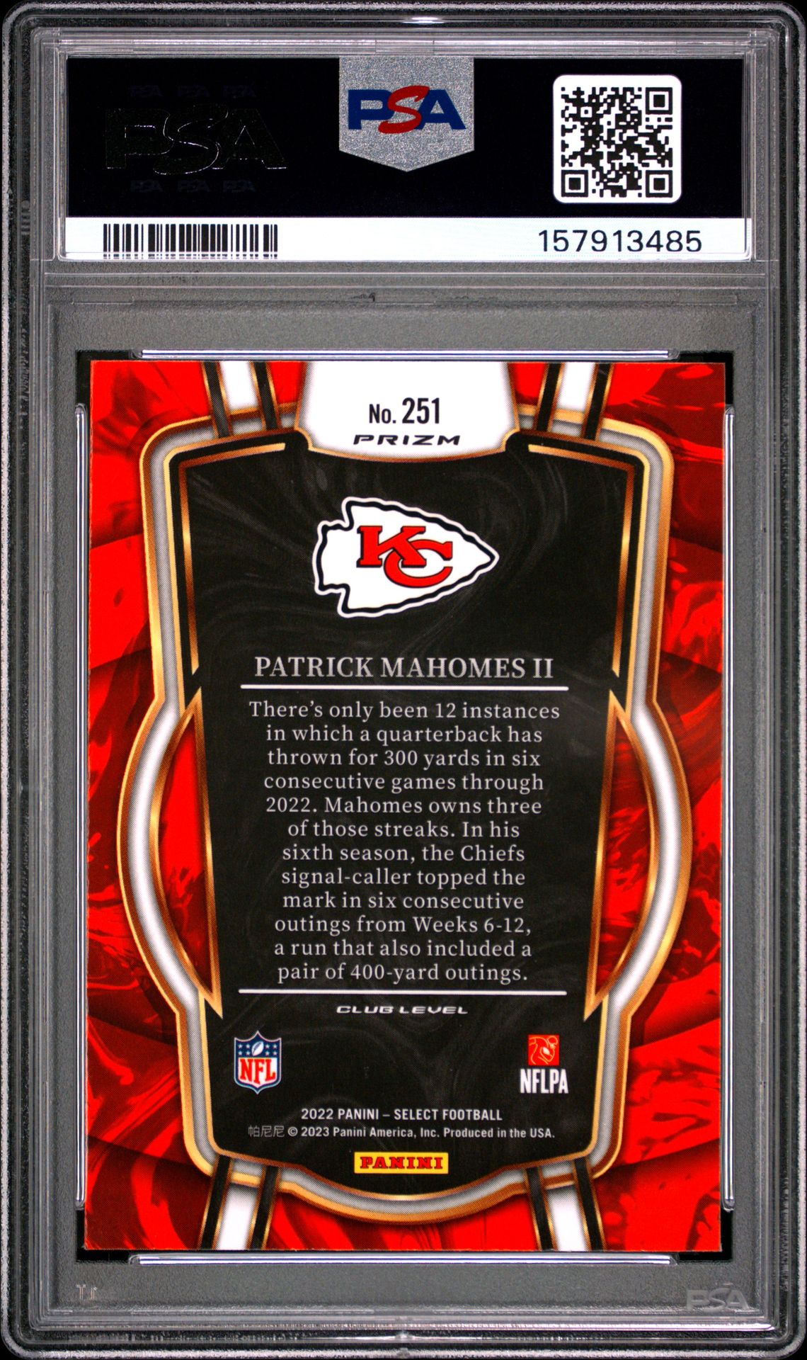 2022 Panini Select Patrick Mahomes Ii #251 (Silver Prizm) Mint 9 back