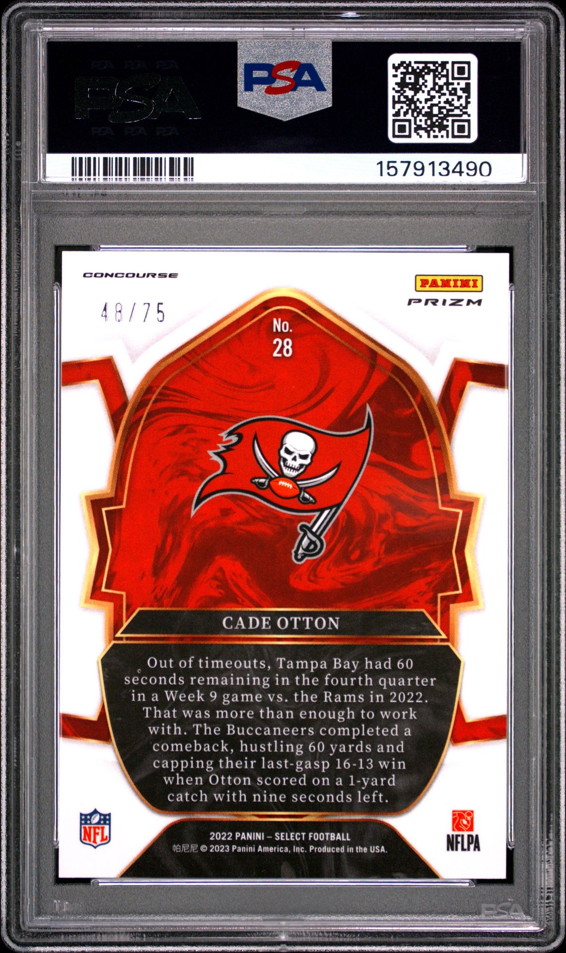 2022 Panini Select Cade Otton #28 (Purple Prizm) Gem Mt 10 back view - PSA certificate #157913490