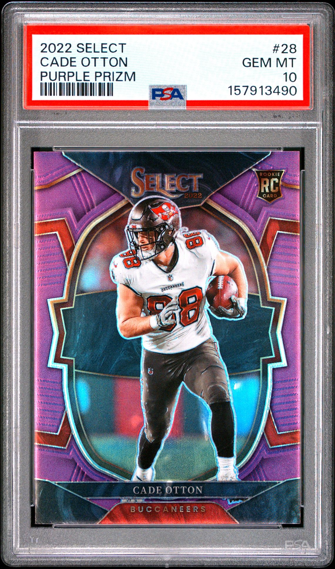 2022 Panini Select Cade Otton #28 (Purple Prizm) Gem Mt 10 front view - PSA graded GEM MT 10