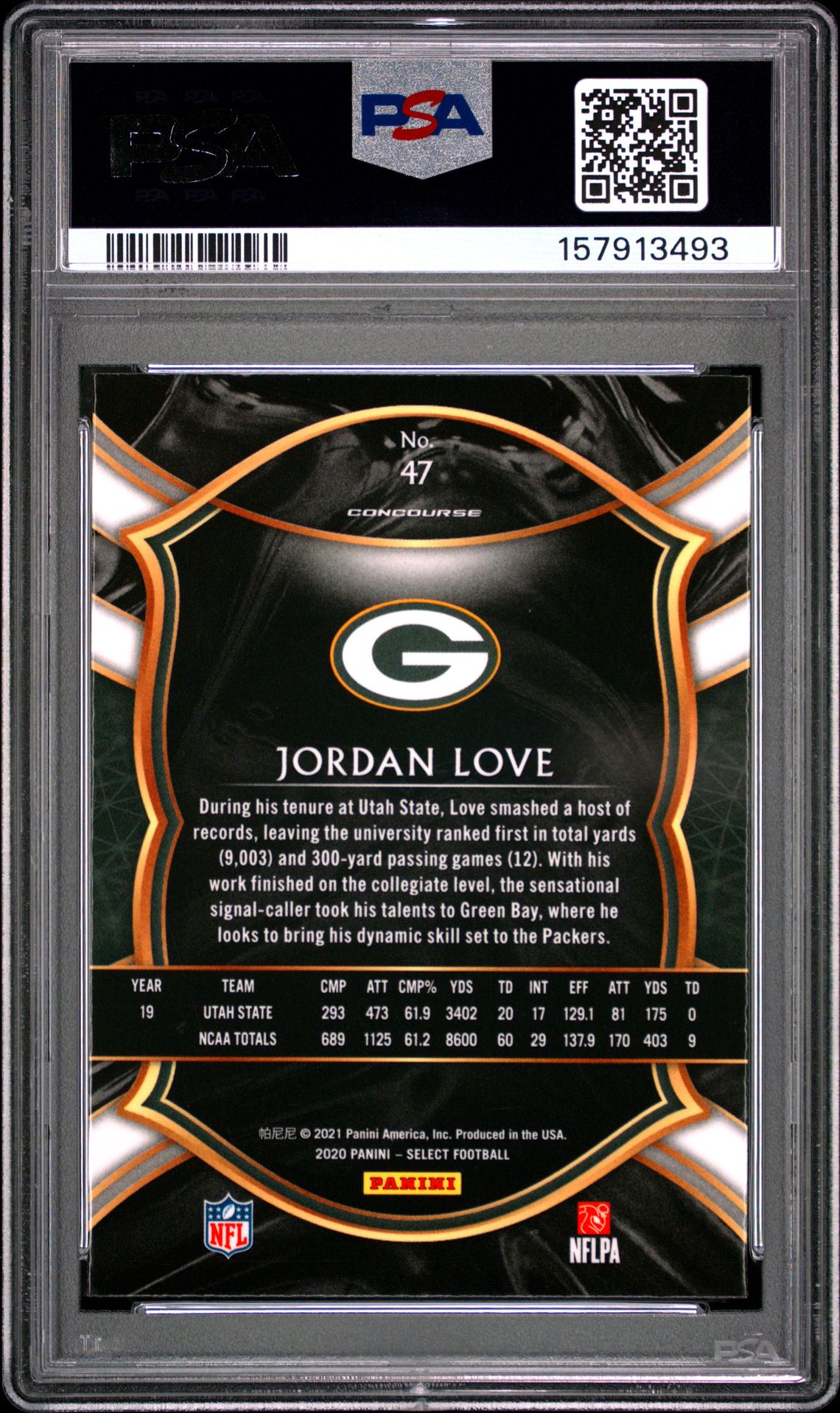 2020 Panini Select Jordan Love #47 Gem Mt 10 back view - PSA certificate #157913493