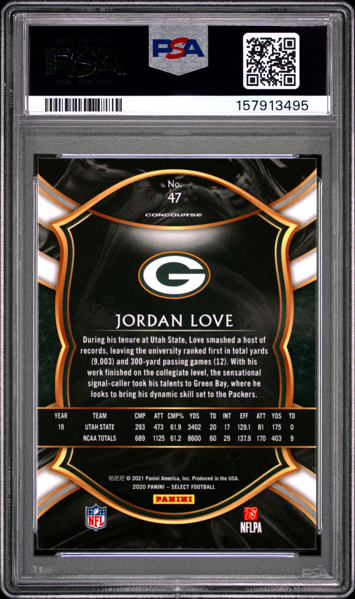 2020 Panini Select Jordan Love #47 Gem Mt 10 back view - PSA certificate #157913495