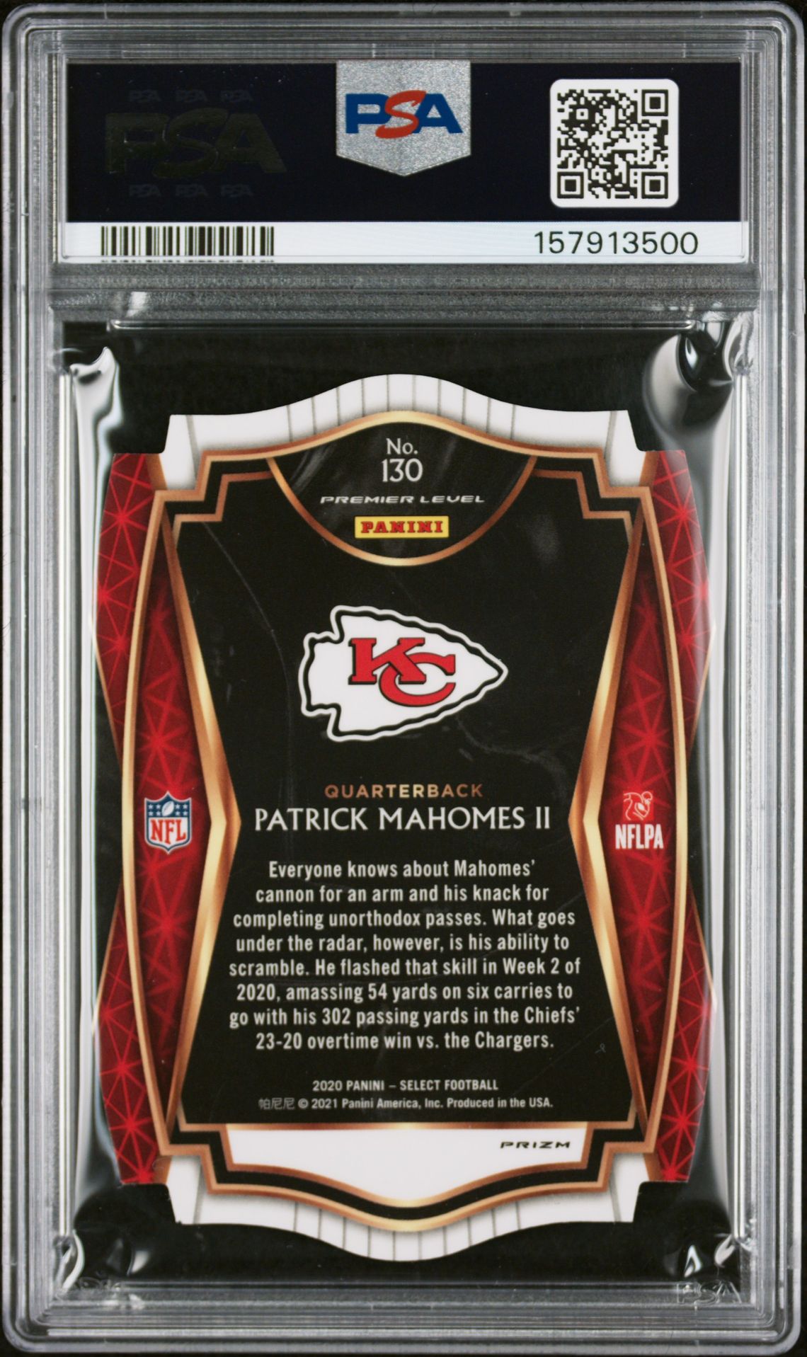 2020 Panini Select Patrick Mahomes Ii #130 (Die-Cut Tri-Color Prizm) Mint 9 back