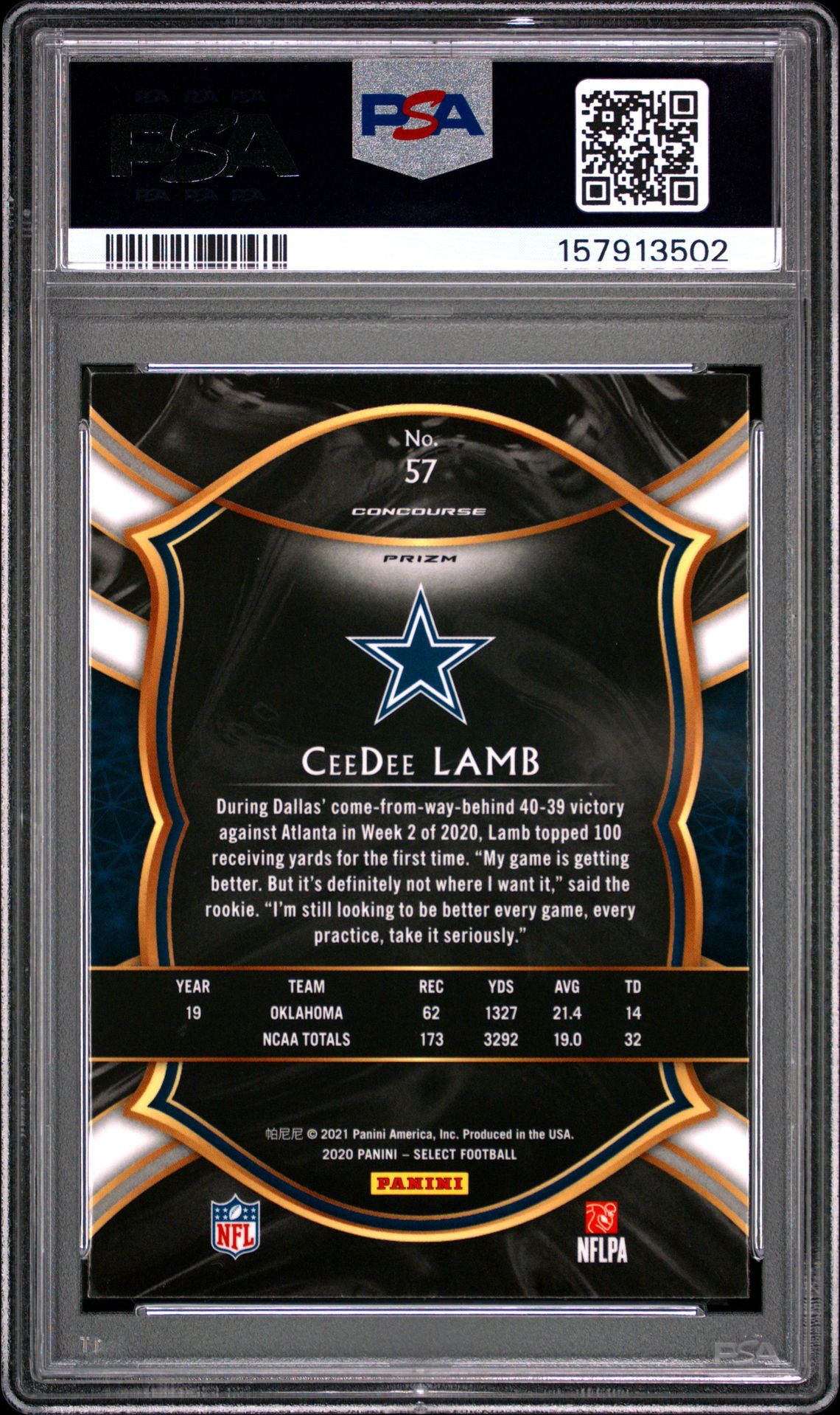 2020 Panini Select Ceedee Lamb #57 (Silver Prizm) Mint 9 back