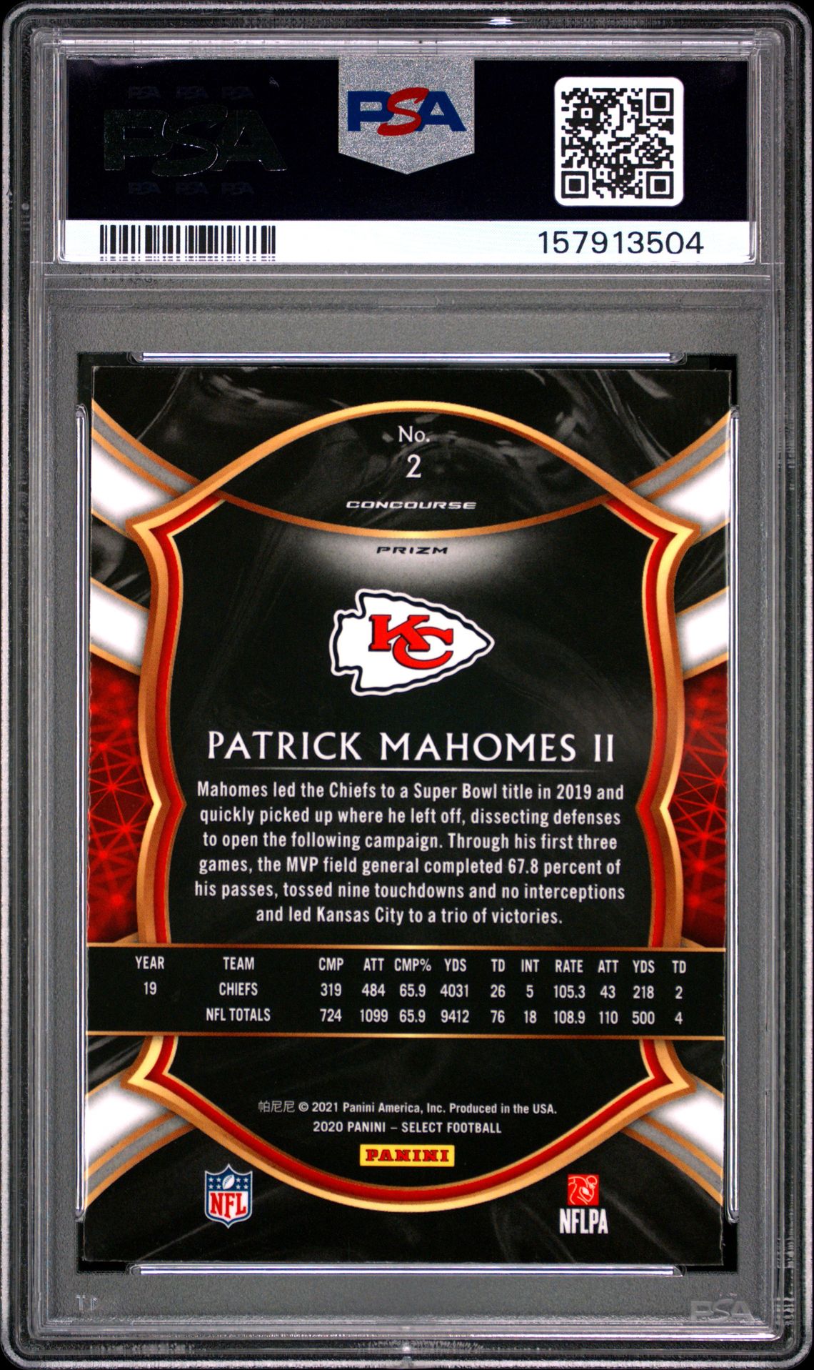 2020 Panini Select Patrick Mahomes Ii #2 (Silver Prizm) Mint 9 back