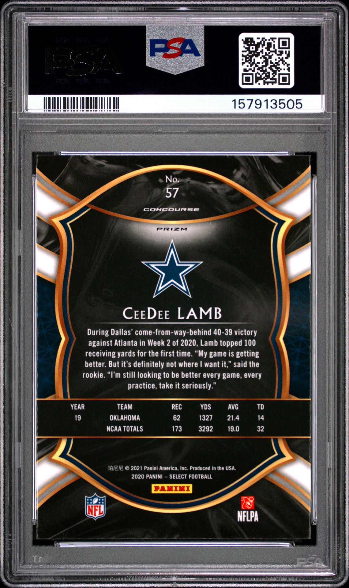2020 Panini Select Ceedee Lamb #57 (Silver Prizm) Mint 9 back