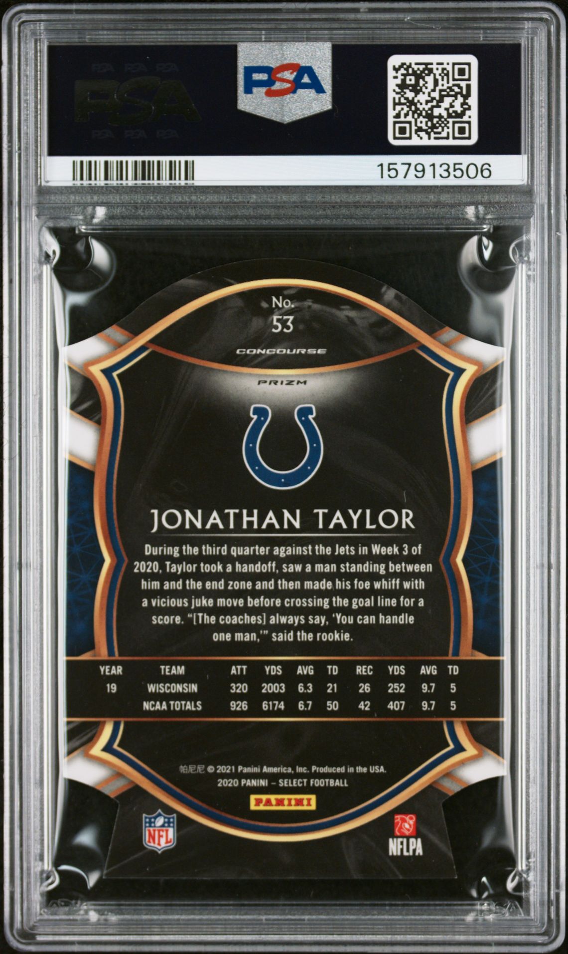 2020 Panini Select Jonathan Taylor #53 (Die-Cut Blue Prizm) Mint 9 back