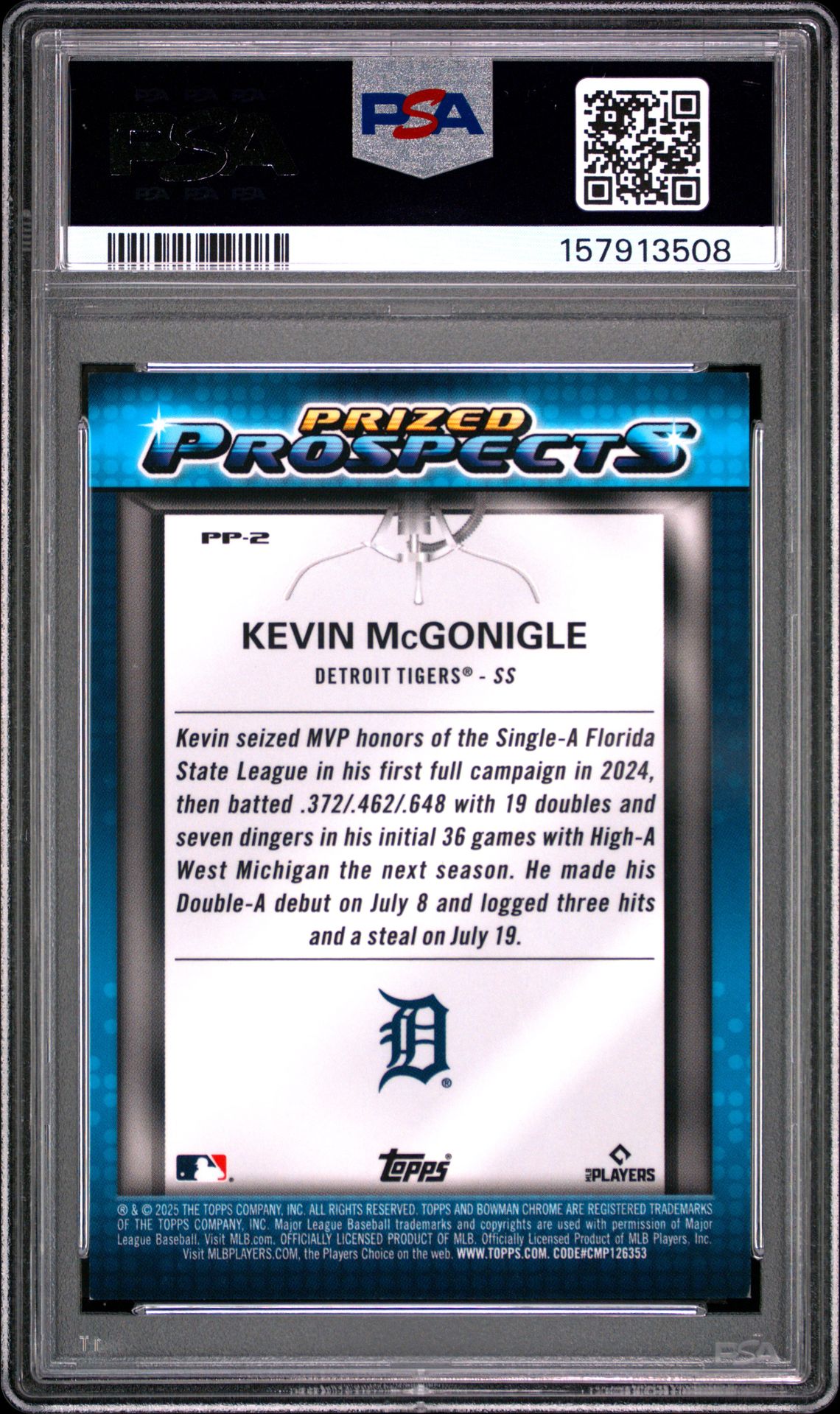 2025 Bowman Draft Mega Box Mega Box Prized Prospects Kevin Mcgonigle #2 (Prized Pros-Blue Refractor) Mint 9 back