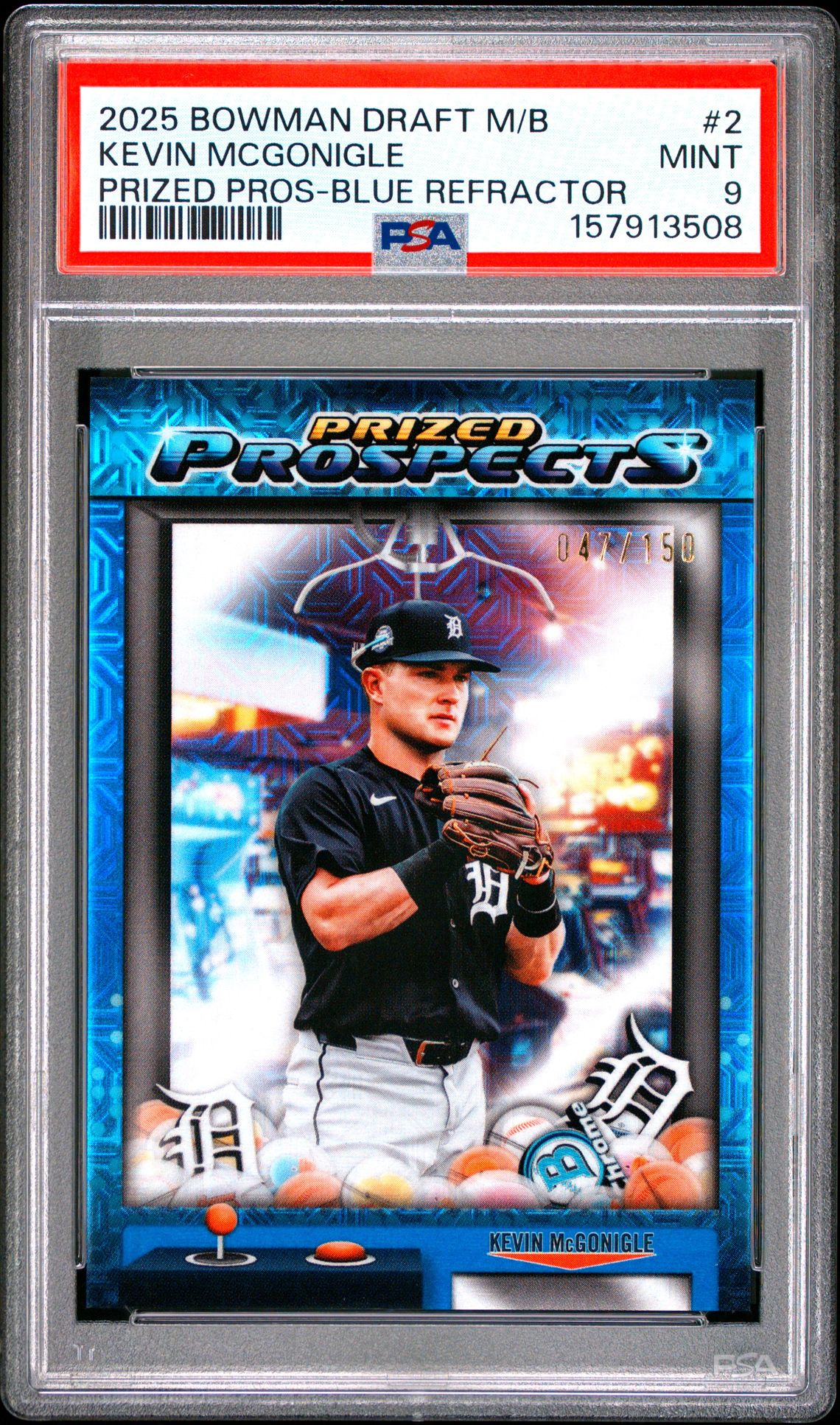 2025 Bowman Draft Mega Box Mega Box Prized Prospects Kevin Mcgonigle #2 (Prized Pros-Blue Refractor) Mint 9 front