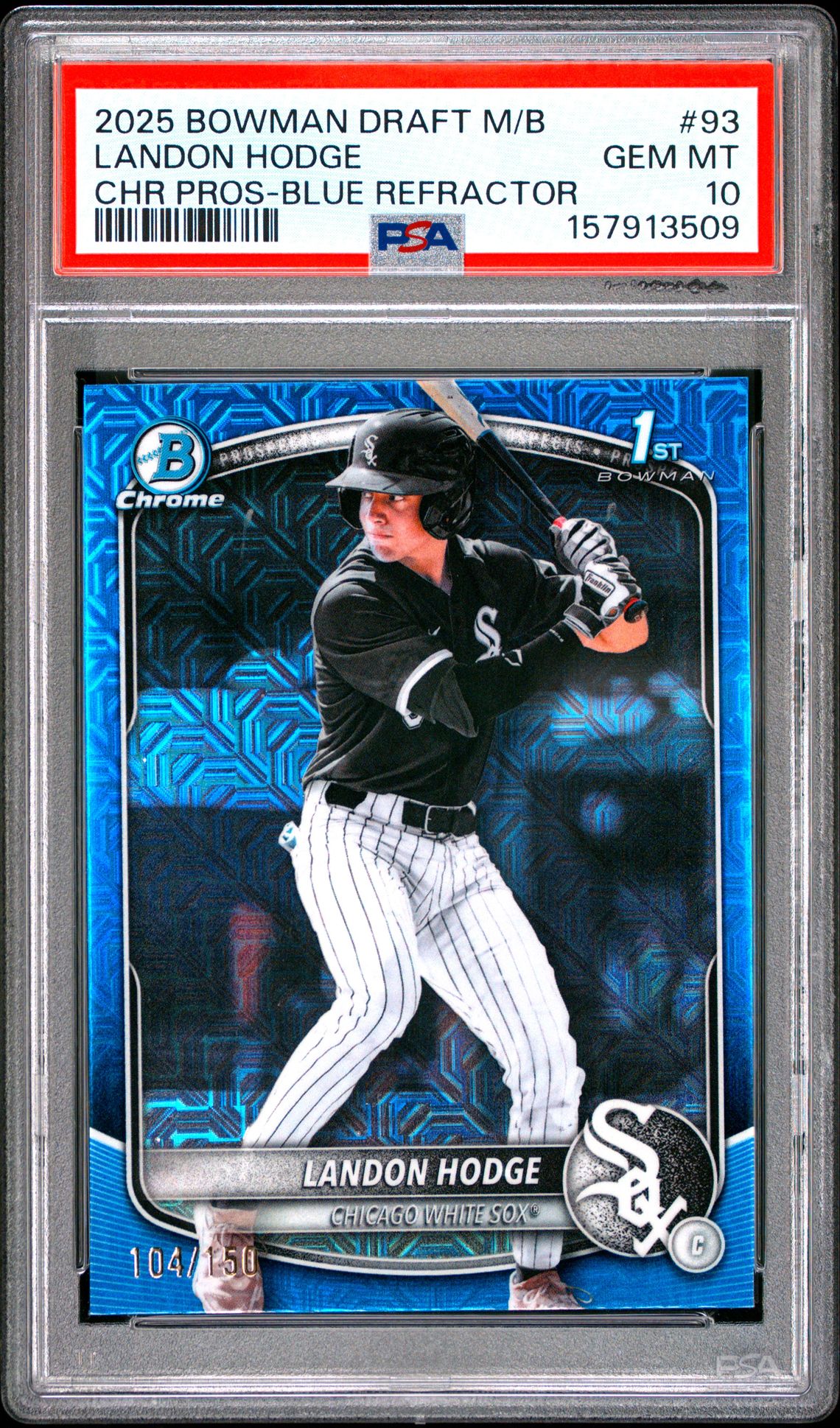 2025 Bowman Draft Mega Box Chrome Prospects Landon Hodge #93 (Chr Pros-Blue Refractor) Gem Mt 10 front view - PSA graded GEM MT 10
