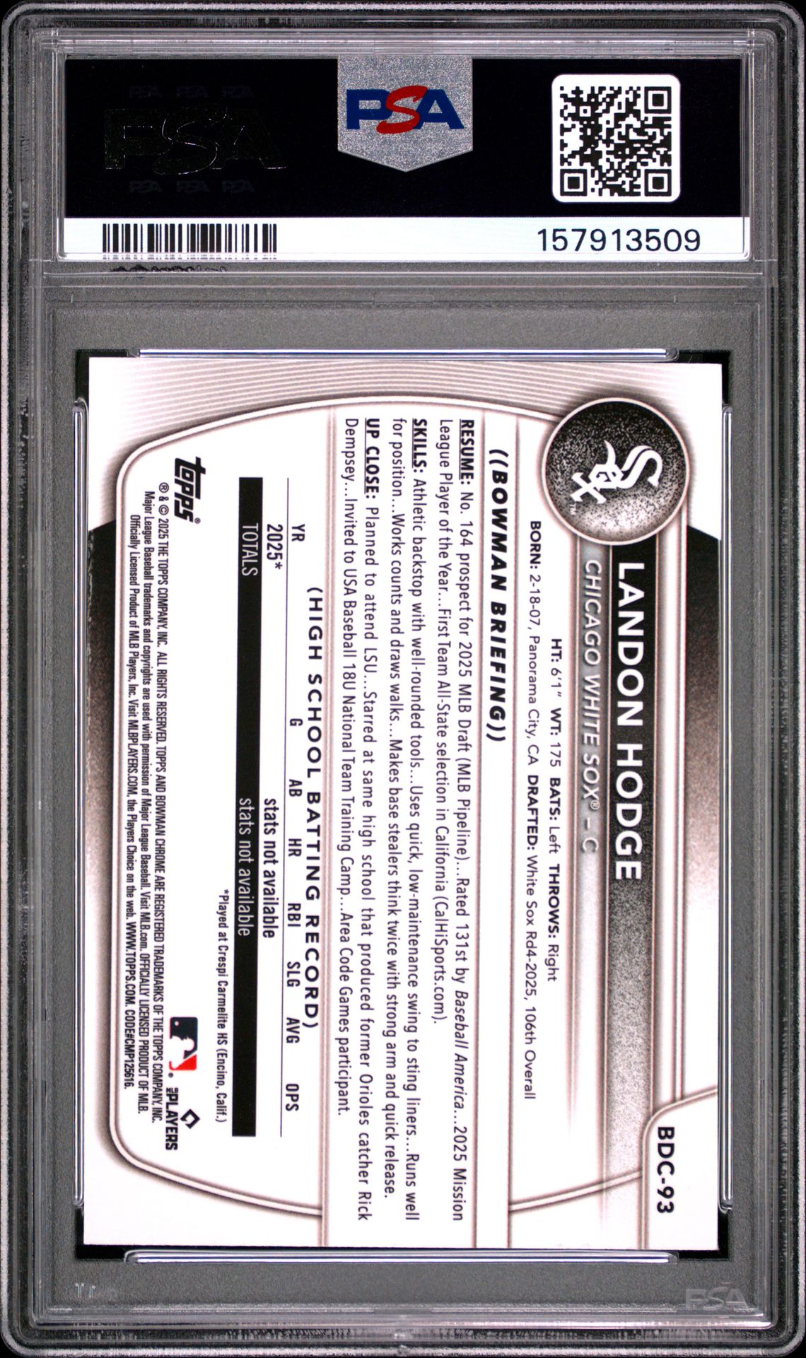 2025 Bowman Draft Mega Box Chrome Prospects Landon Hodge #93 (Chr Pros-Blue Refractor) Gem Mt 10 back view - PSA certificate #157913509