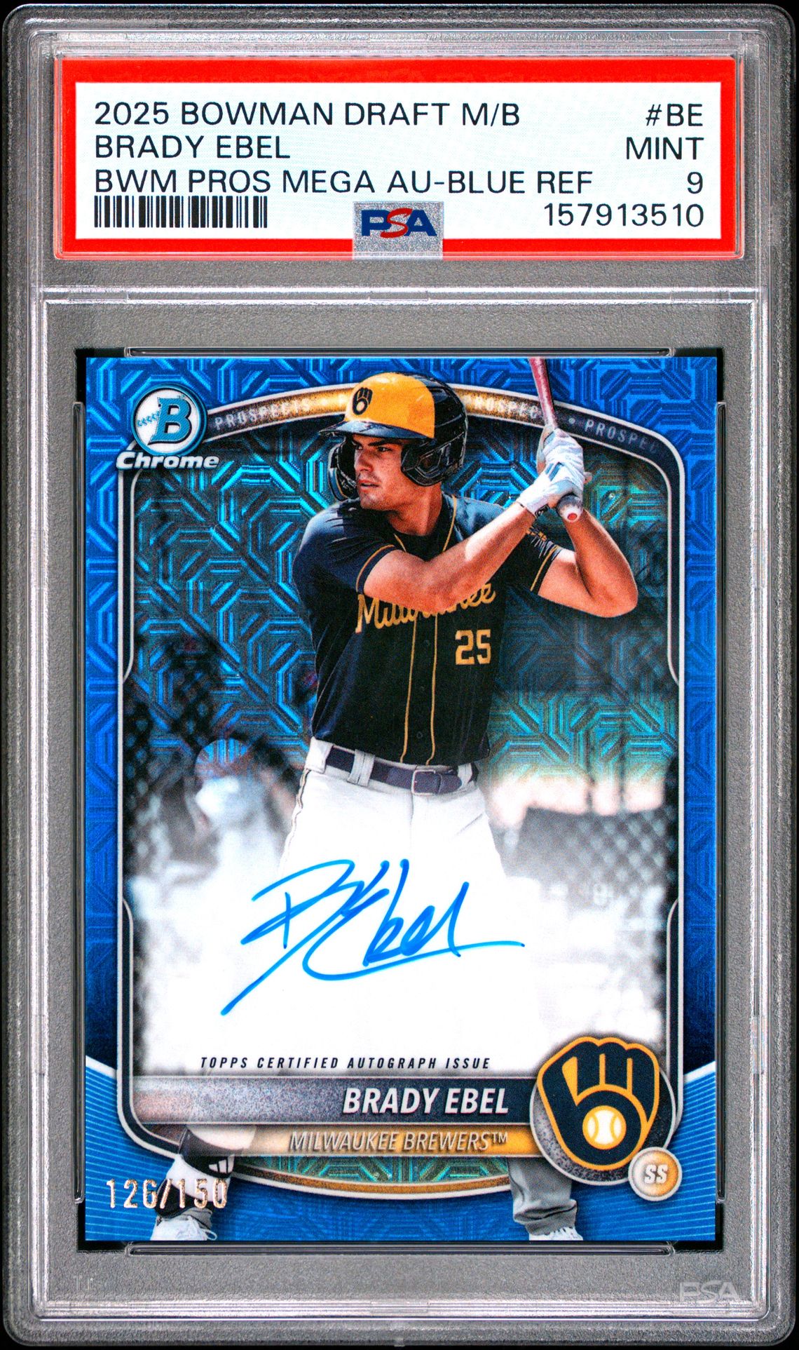 2025 Bowman Draft Mega Box Bowman Prospect Mega Autographs Brady Ebel #Be (Bwm Pros Mega Au-Blue Ref) Mint 9 front