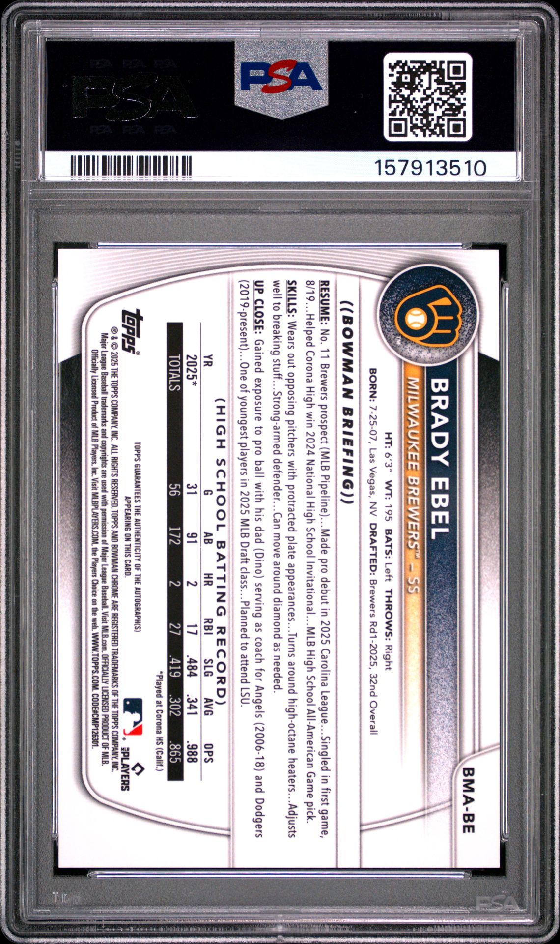 2025 Bowman Draft Mega Box Bowman Prospect Mega Autographs Brady Ebel #Be (Bwm Pros Mega Au-Blue Ref) Mint 9 back