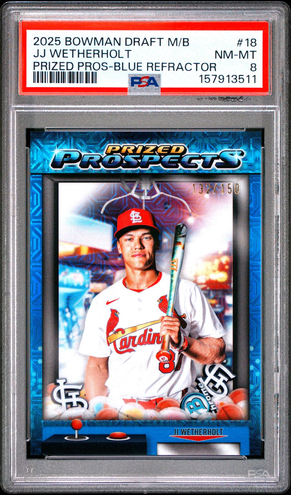 2025 Bowman Draft Mega Box Mega Box Prized Prospects Jj Wetherholt #18 (Prized Pros-Blue Refractor) Nm-Mt 8 front