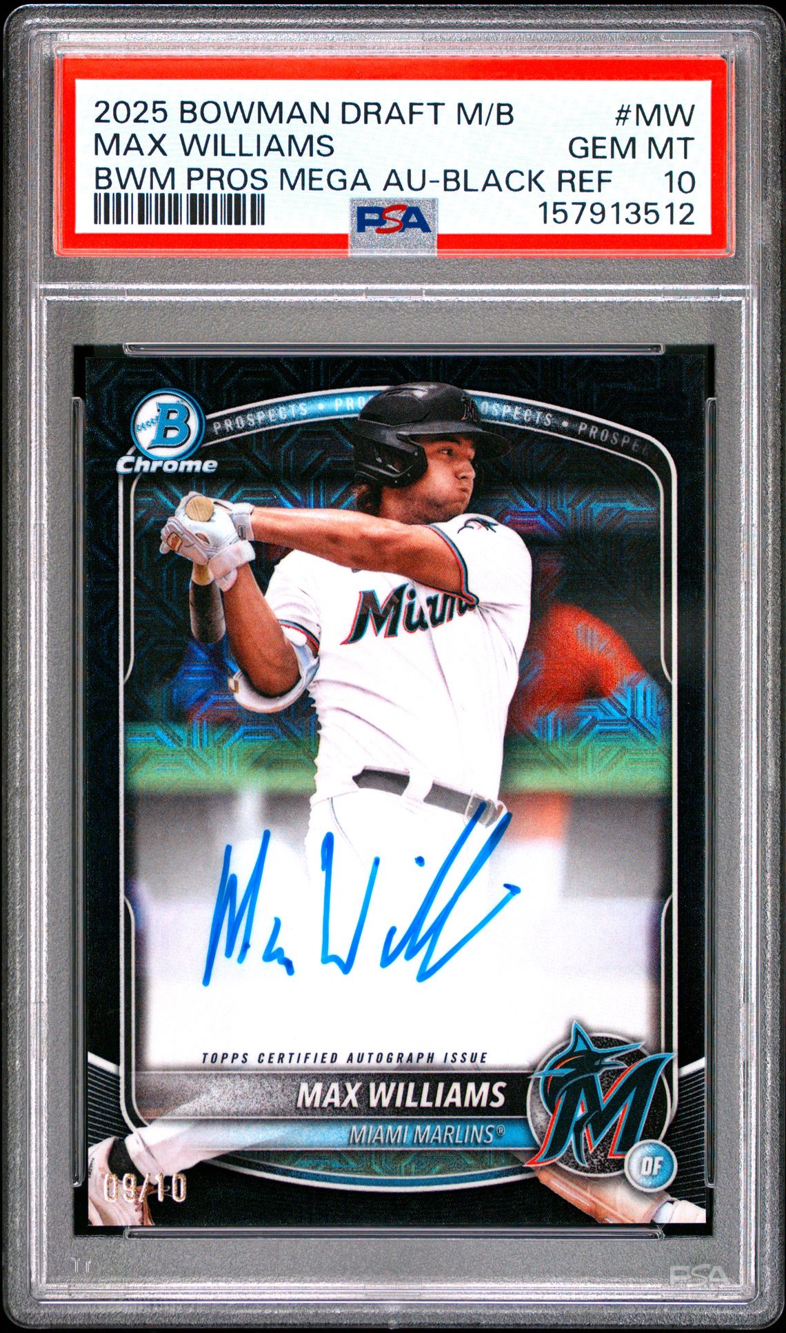 2025 Bowman Draft Mega Box Bowman Prospect Mega Autographs Max Williams #Mw (Bwm Pros Mega Au-Black Ref) Gem Mt 10 front view - PSA graded GEM MT 10
