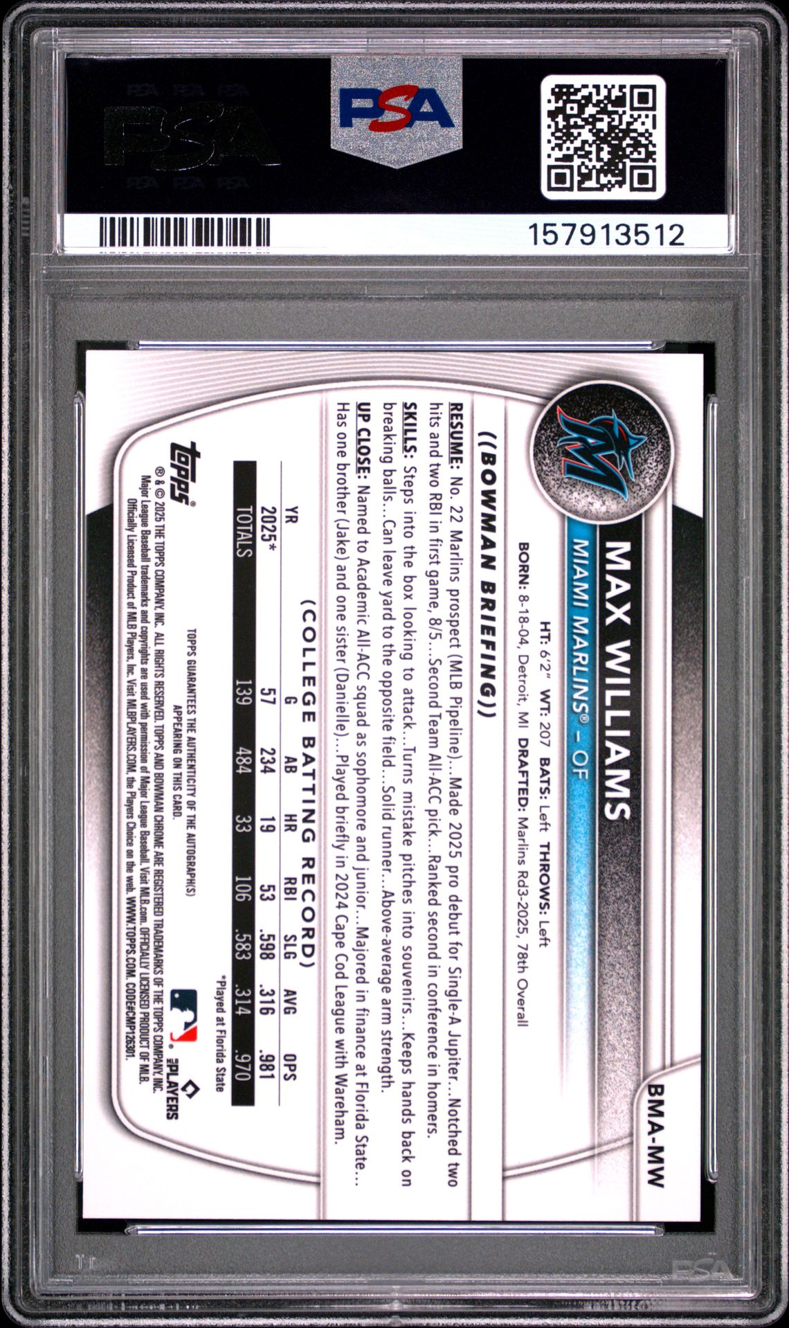 2025 Bowman Draft Mega Box Bowman Prospect Mega Autographs Max Williams #Mw (Bwm Pros Mega Au-Black Ref) Gem Mt 10 back view - PSA certificate #157913512