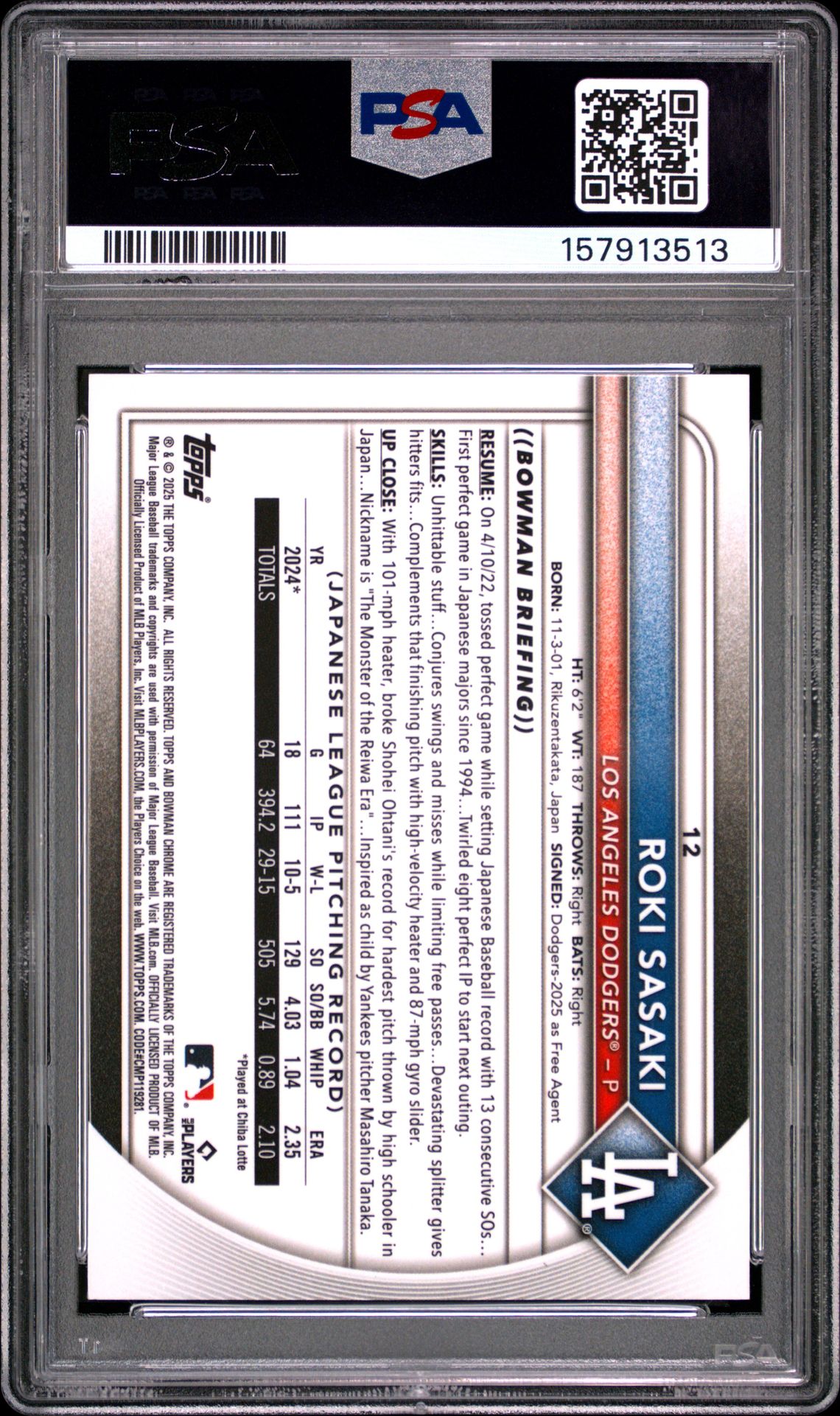 2025 Bowman Chrome Roki Sasaki #12 (Red Rookie Redemption) Mint 9 back