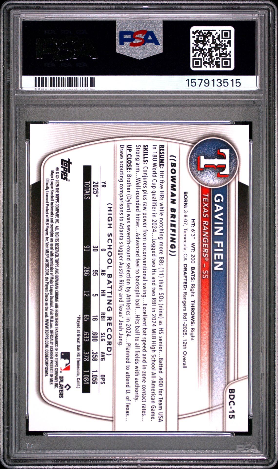 2025 Bowman Draft Mega Box Chrome Prospects Gavin Fien #15 (Chrome Prospects) Nm 7 back