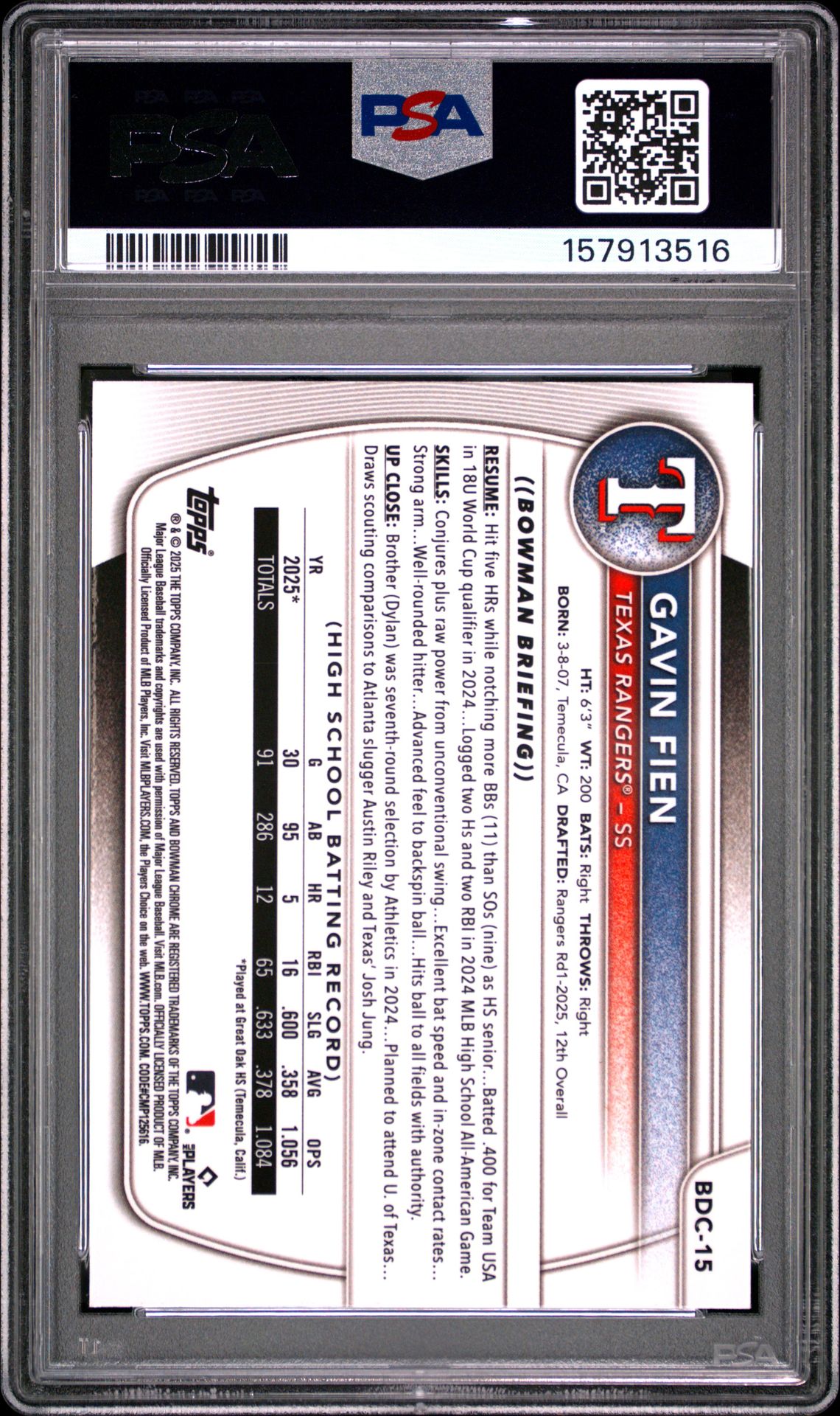 2025 Bowman Draft Mega Box Chrome Prospects Gavin Fien #15 (Chrome Prospects) Nm-Mt 8 back