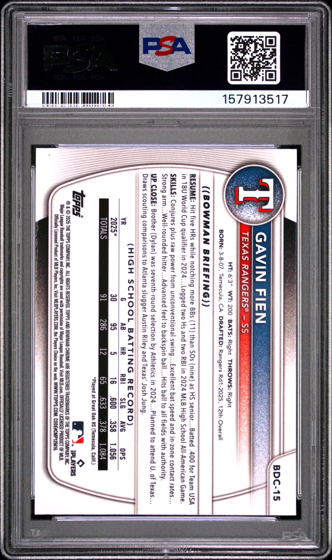 2025 Bowman Draft Mega Box Chrome Prospects Gavin Fien #15 (Chrome Prospects) Gem Mt 10 back view - PSA certificate #157913517
