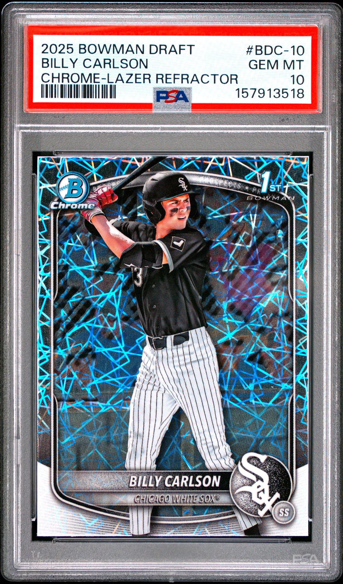 2025 Bowman Draft Billy Carlson #Bdc-10 (Chrome-Lazer Refractor) Gem Mt 10 front view - PSA graded GEM MT 10