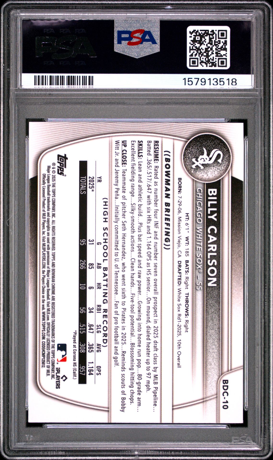 2025 Bowman Draft Billy Carlson #Bdc-10 (Chrome-Lazer Refractor) Gem Mt 10 back view - PSA certificate #157913518
