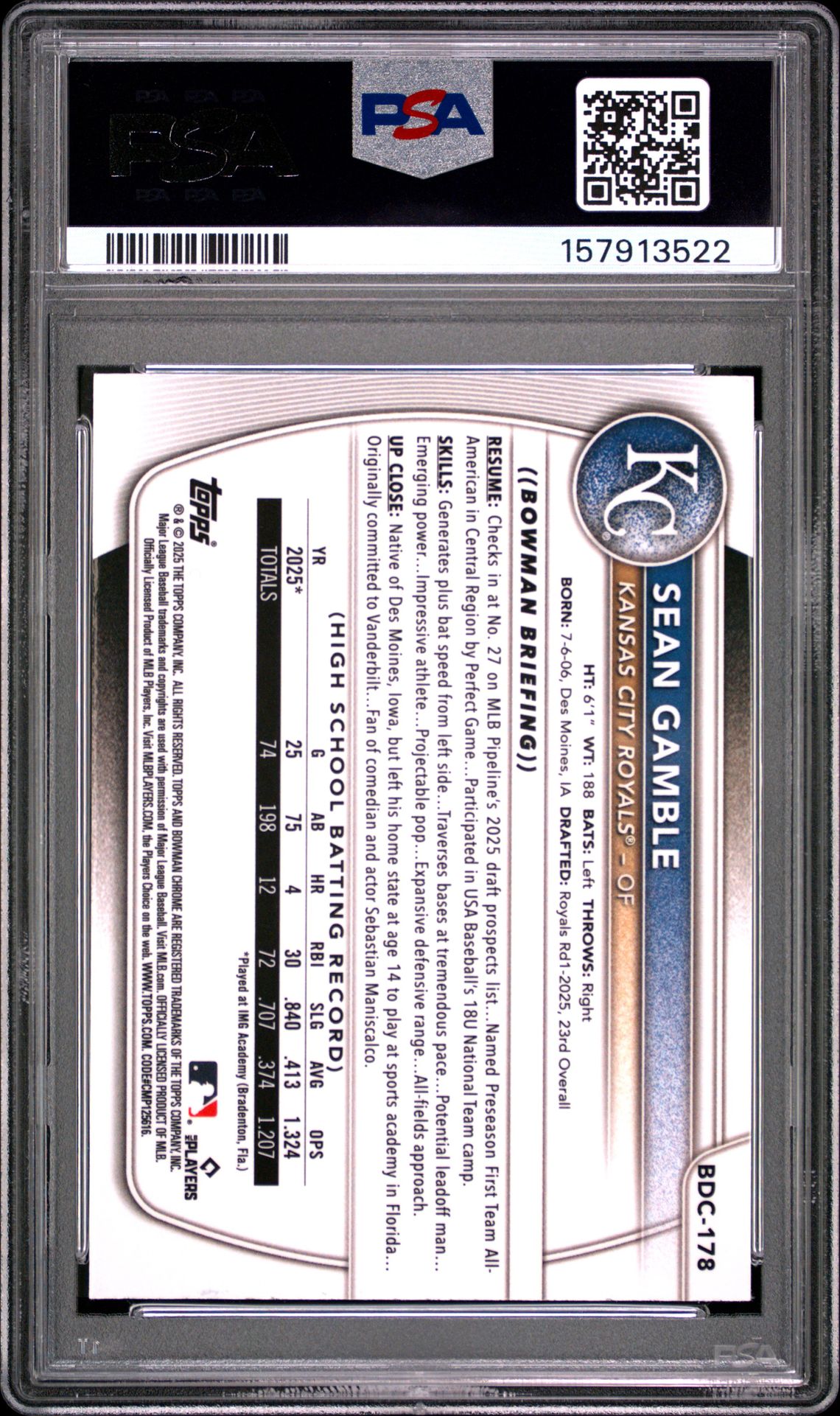 2025 Bowman Draft Mega Box Chrome Prospects Sean Gamble #178 (Chrome Prospects) Gem Mt 10 back view - PSA certificate #157913522