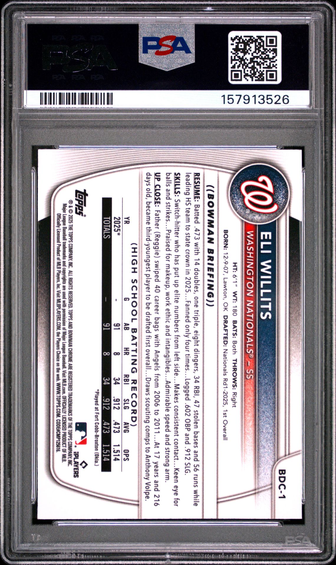 2025 Bowman Draft Mega Box Chrome Prospects Eli Willits #1 (Chrome Prospects) Mint 9 back