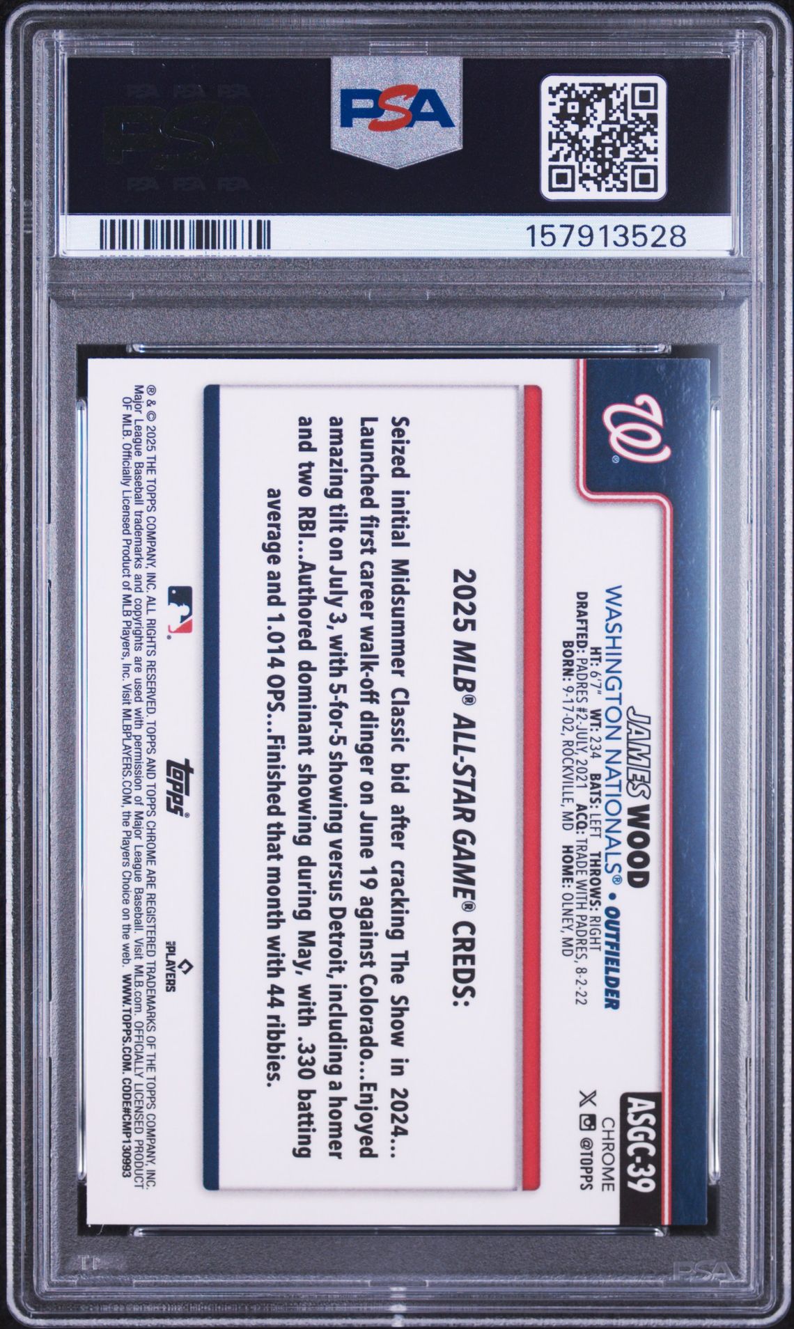 2025 Topps Chrome Update 2025 All Star Game James Wood #39 Gem Mt 10 back view - PSA certificate #157913528