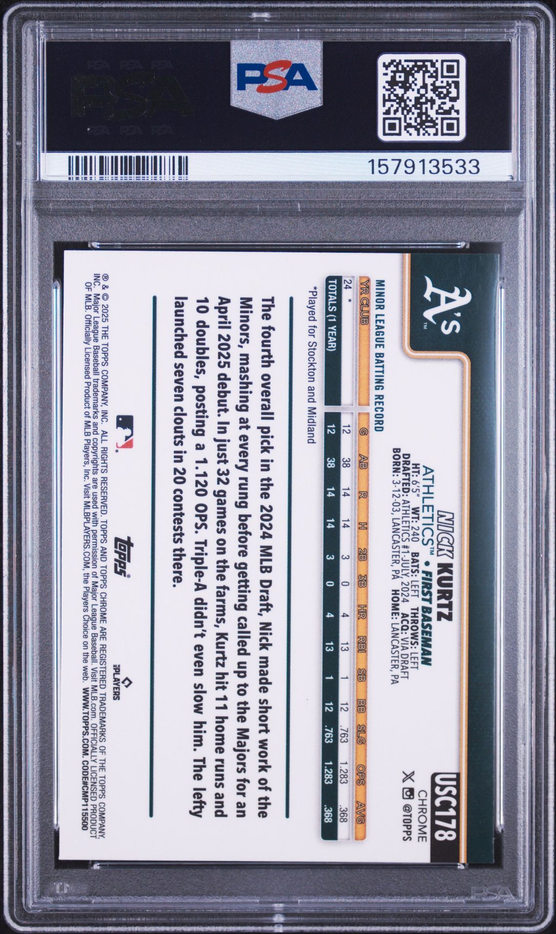 2025 Topps Chrome Update Nick Kurtz #178 Mint 9 back