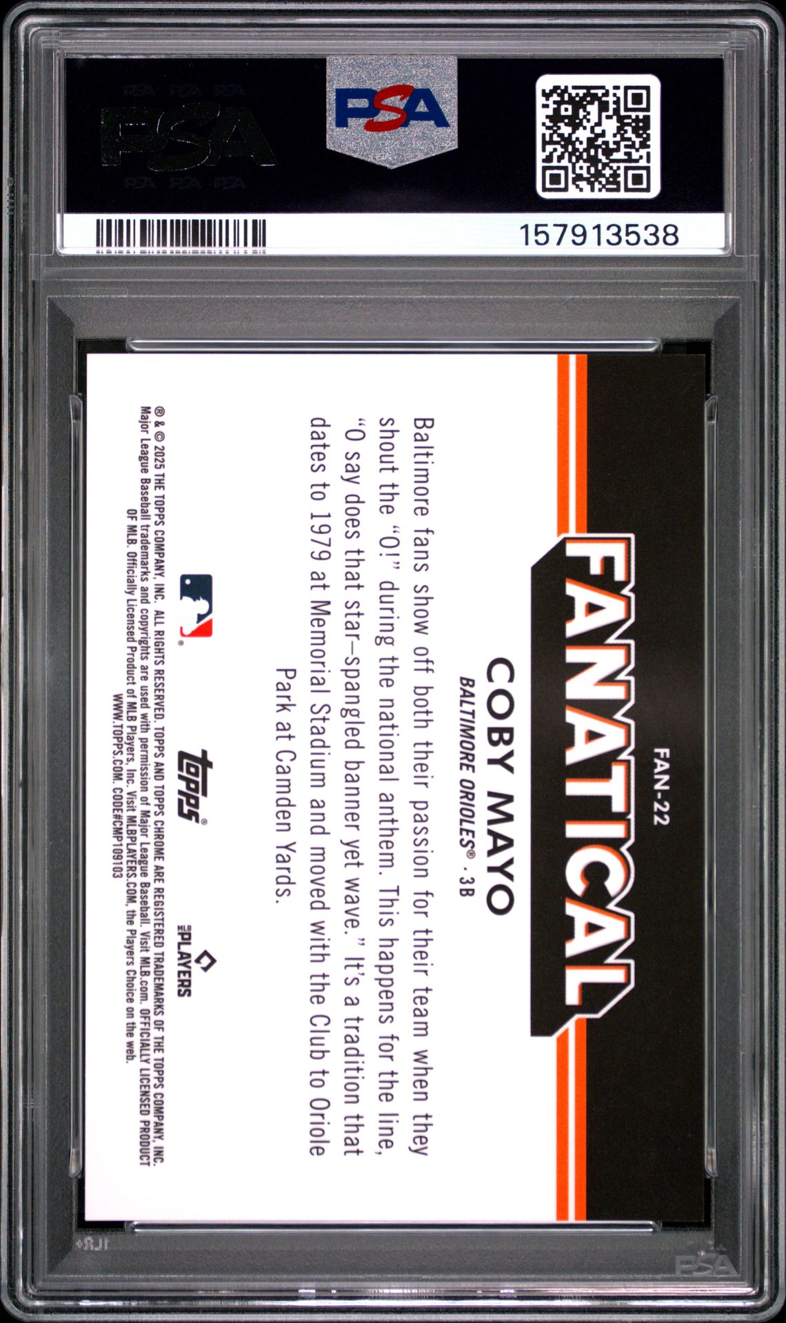 2025 Topps Chrome Fanatical Coby Mayo #Fan22 Gem Mt 10 back view - PSA certificate #157913538