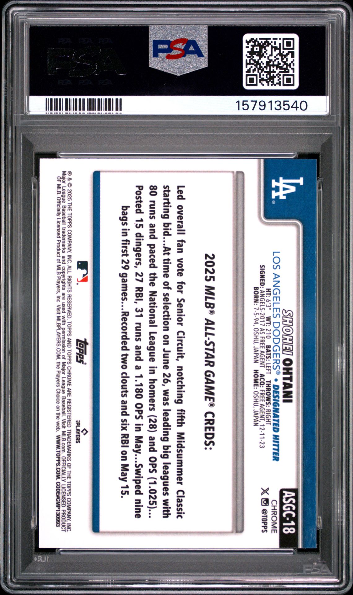 2025 Topps Chrome Update 2025 All Star Game Shohei Ohtani #18 Mint 9 back