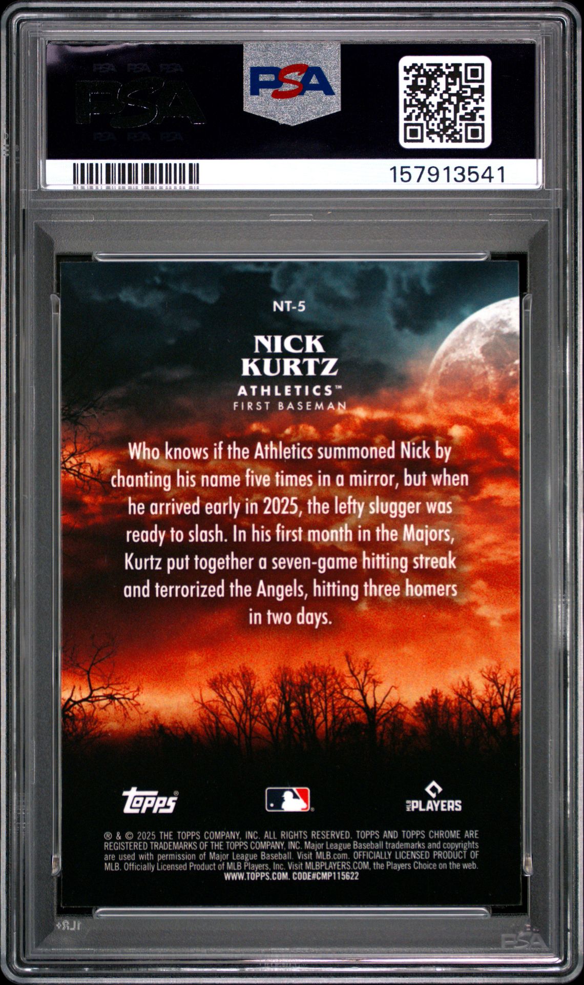 2025 Topps Chrome Update Night Terrors Nick Kurtz #5 Gem Mt 10 back view - PSA certificate #157913541