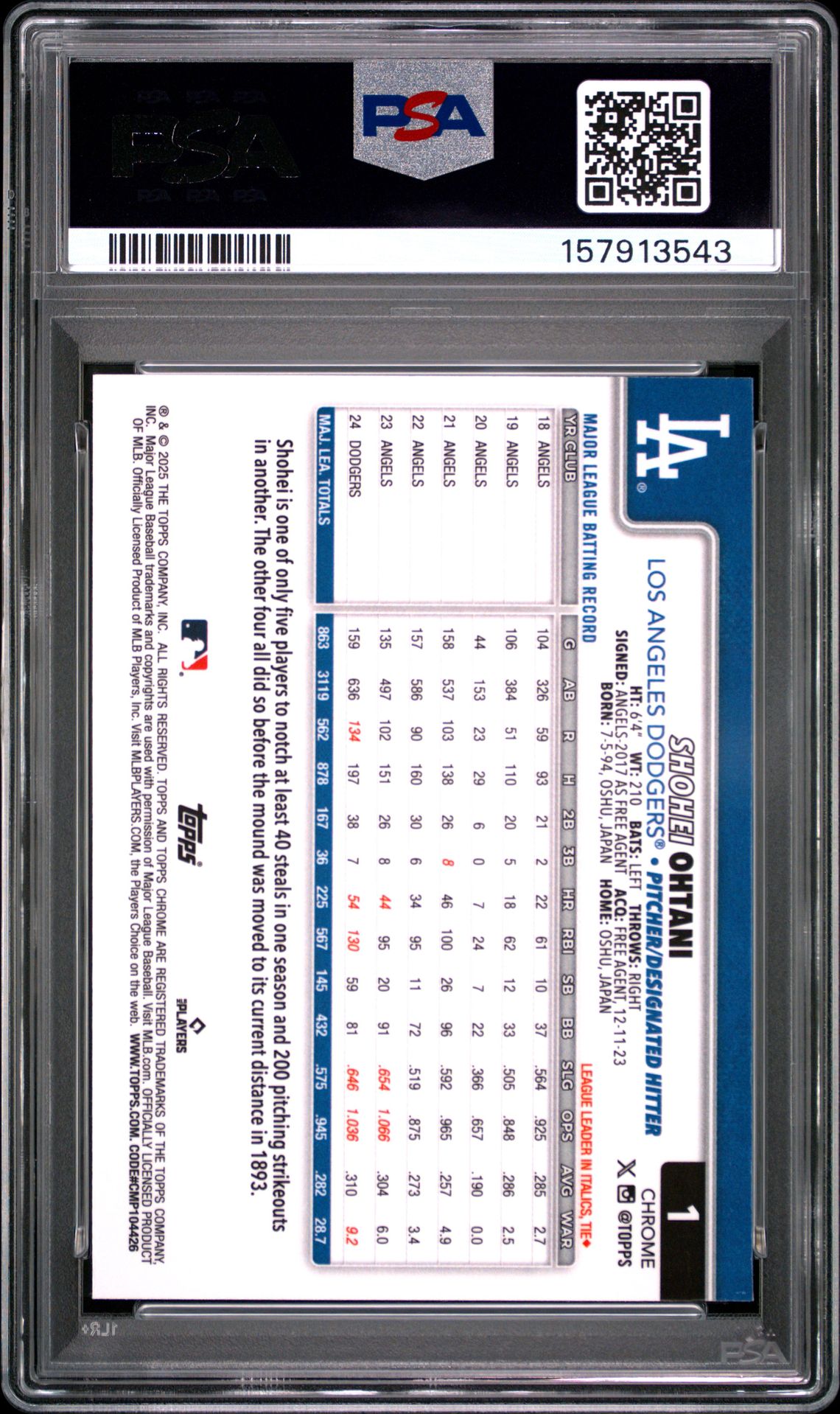 2025 Topps Chrome Shohei Ohtani #1 Mint 9 back