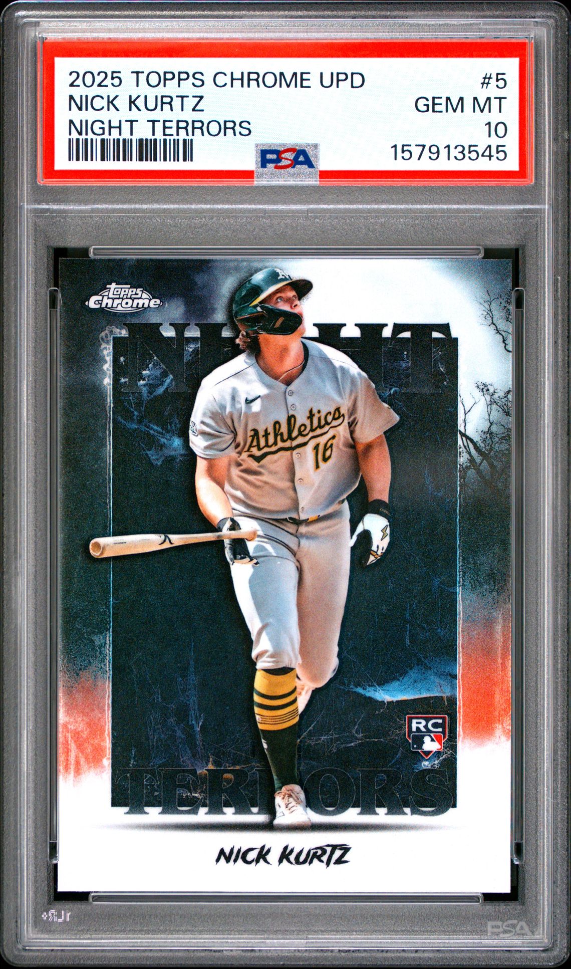 2025 Topps Chrome Update Night Terrors Nick Kurtz #5 Gem Mt 10 front view - PSA graded GEM MT 10