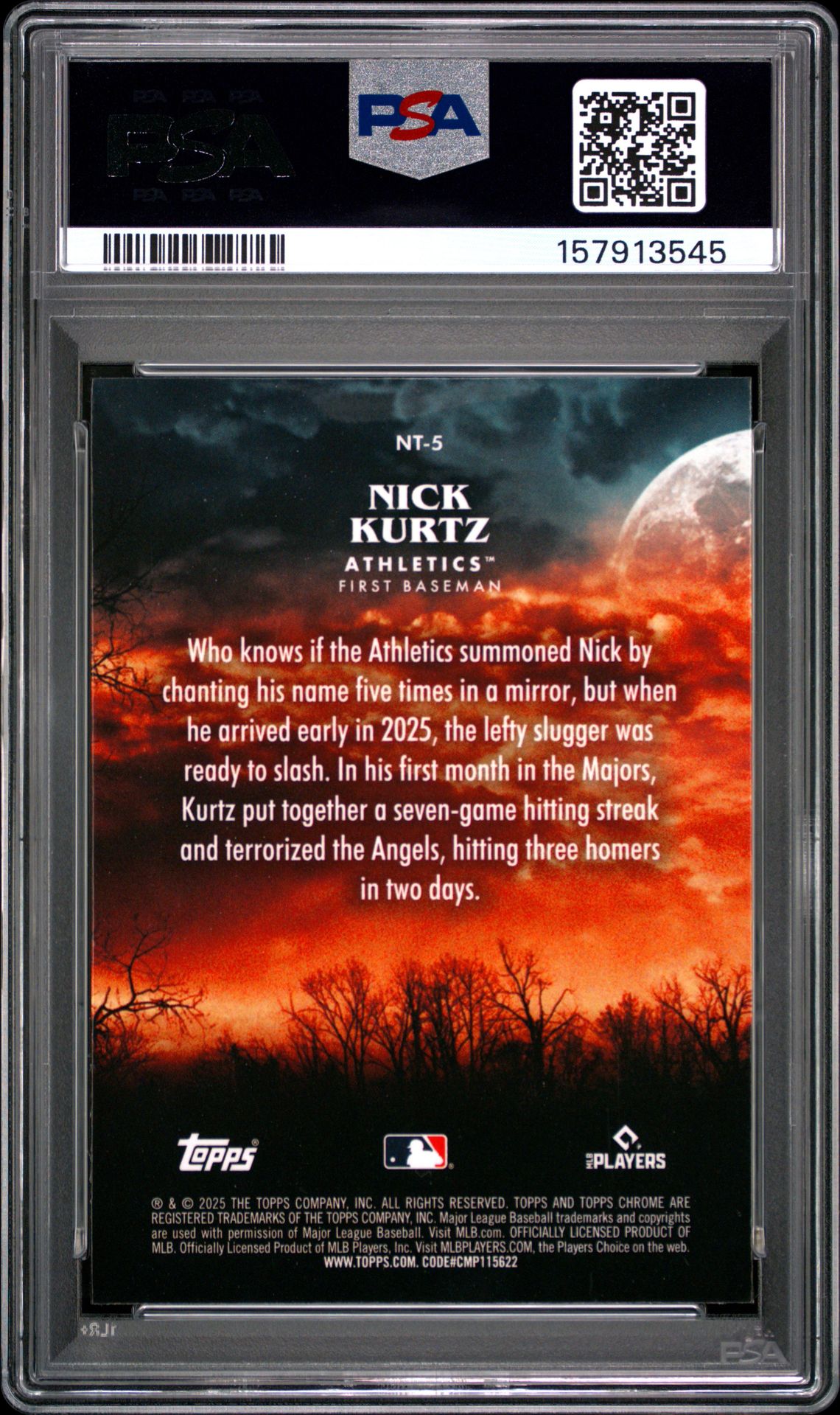 2025 Topps Chrome Update Night Terrors Nick Kurtz #5 Gem Mt 10 back view - PSA certificate #157913545