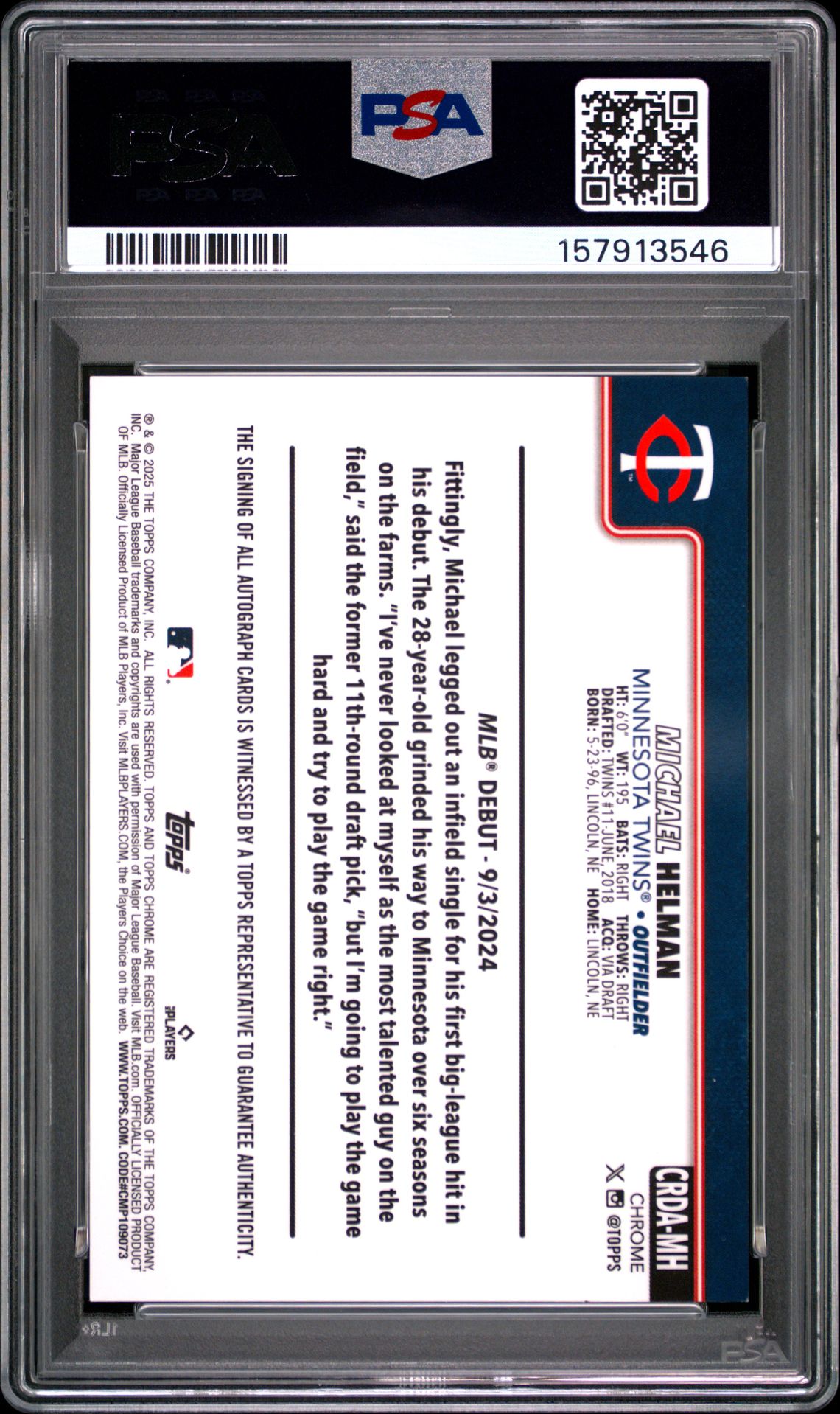 2025 Topps Chrome Update Rookie Debut Autographs Michael Helman #Mh (Rk Debut Au-Purple Speckle) Nm-Mt 8 back