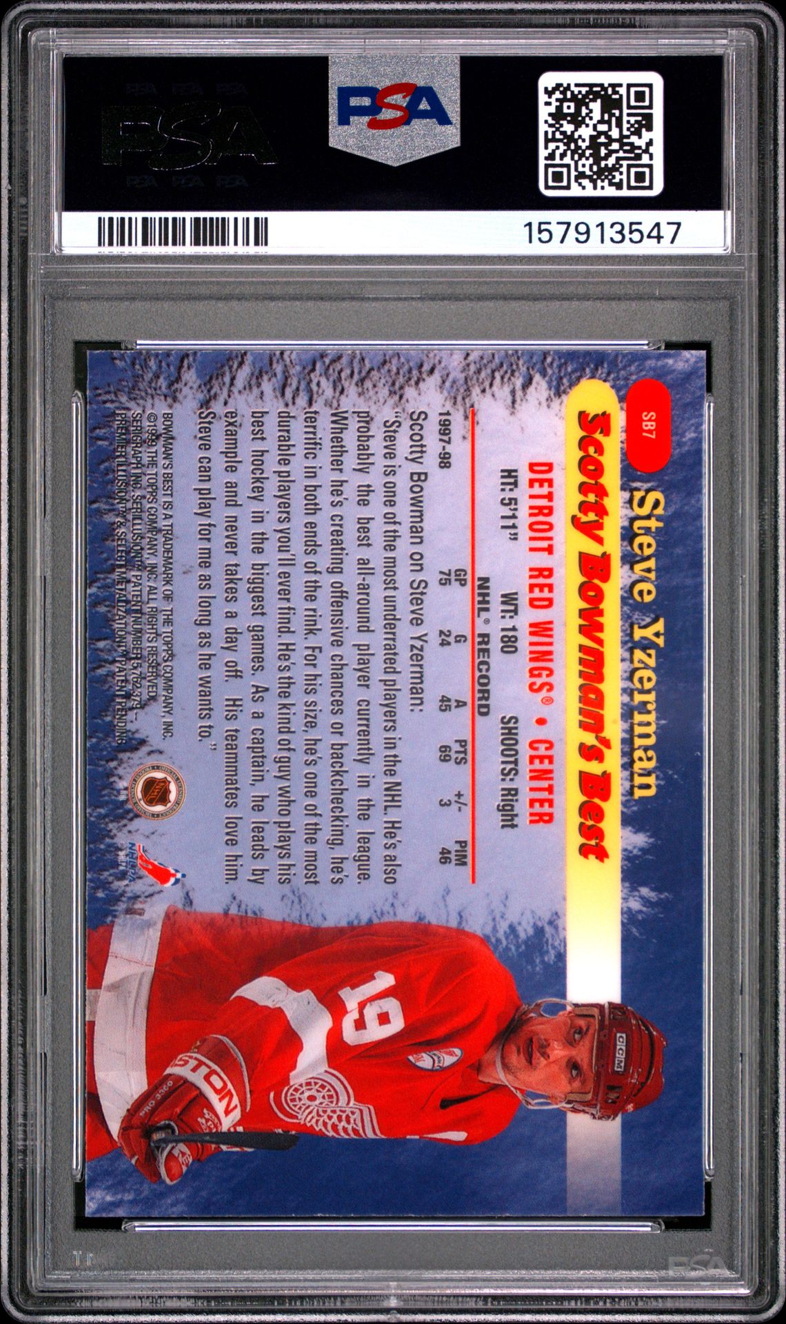 1998 Bowman's Best Scotty Bowman's Best Steve Yzerman #Sb7 (Scotty Bowman's Best) Nm-Mt 8 back