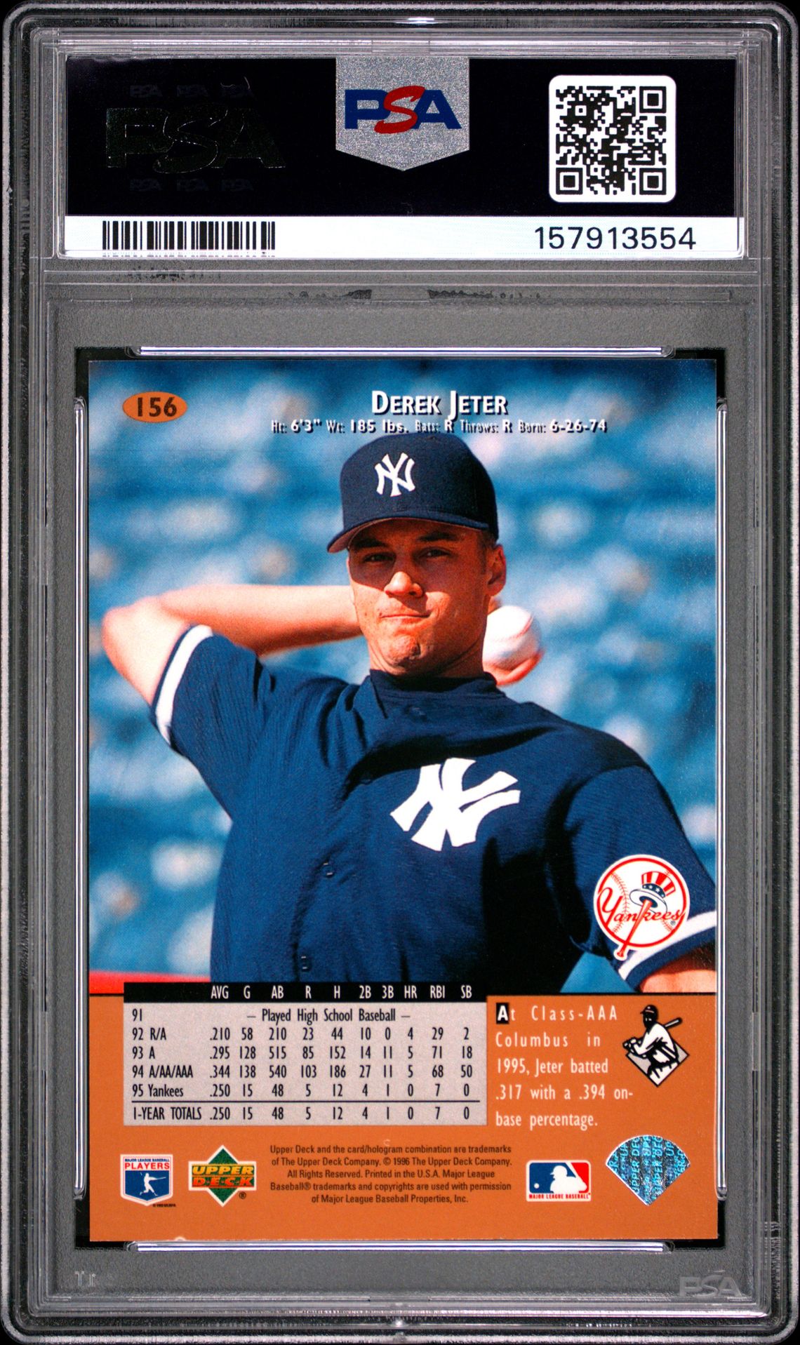 1996 Upper Deck Derek Jeter #156 Nm-Mt 8 back