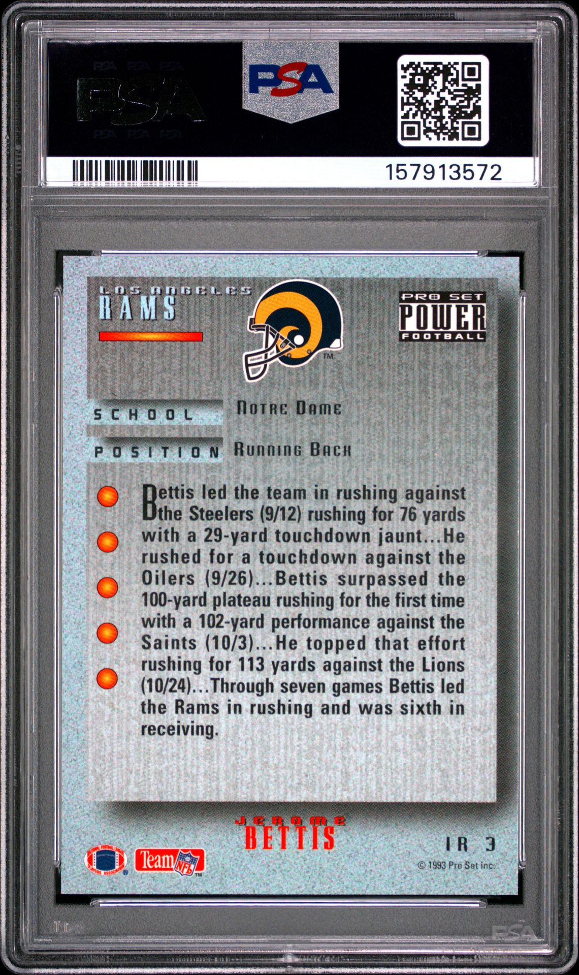 1993 Pro Set Power Update Impact Rookies Jerome Bettis #Ir3 (Impact Rookies) Ex-Mt 6 back