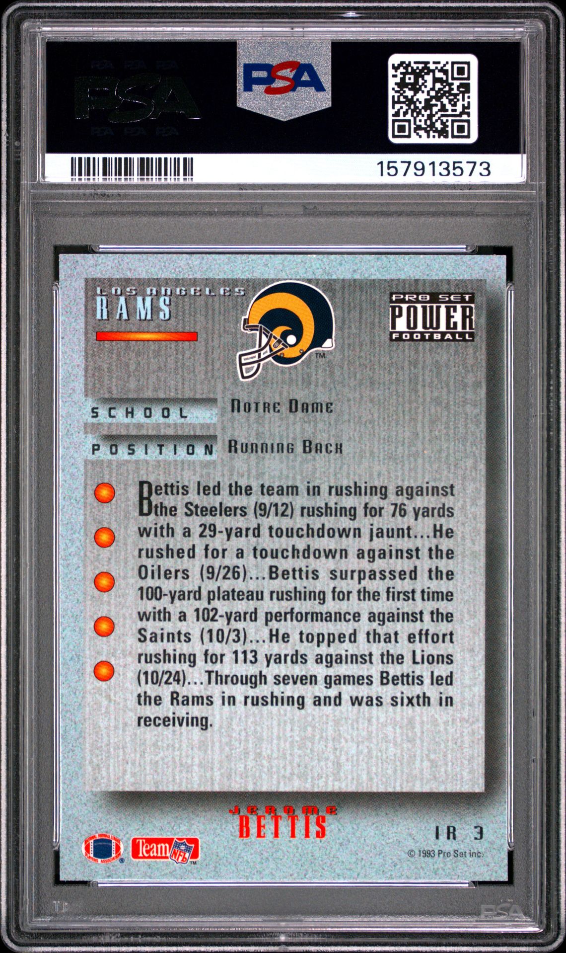 1993 Pro Set Power Update Impact Rookies Jerome Bettis #Ir3 (Impact Rookies-Gold) Ex-Mt 6 back