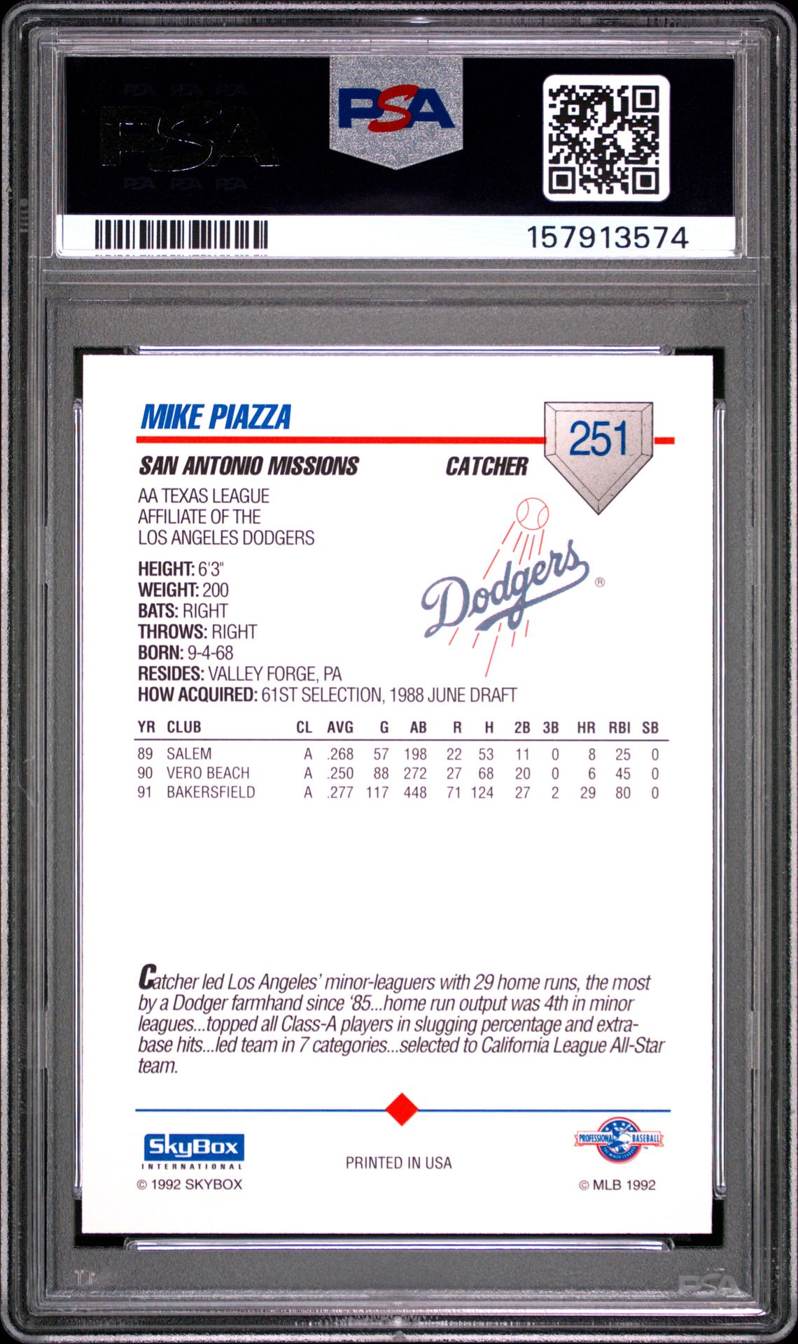 1992 Skybox Aa Mike Piazza #251 (San Antonio Missions) Ex-Mt 6 back