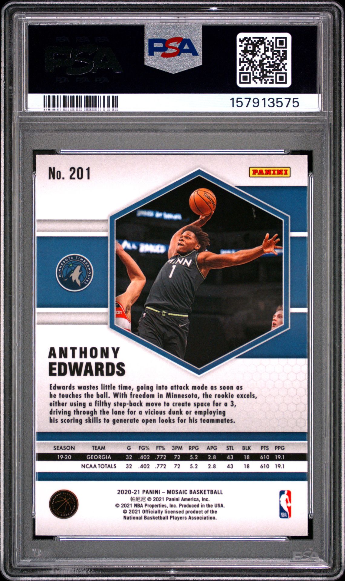 2020 Panini Mosaic Anthony Edwards #201 Mint 9 back