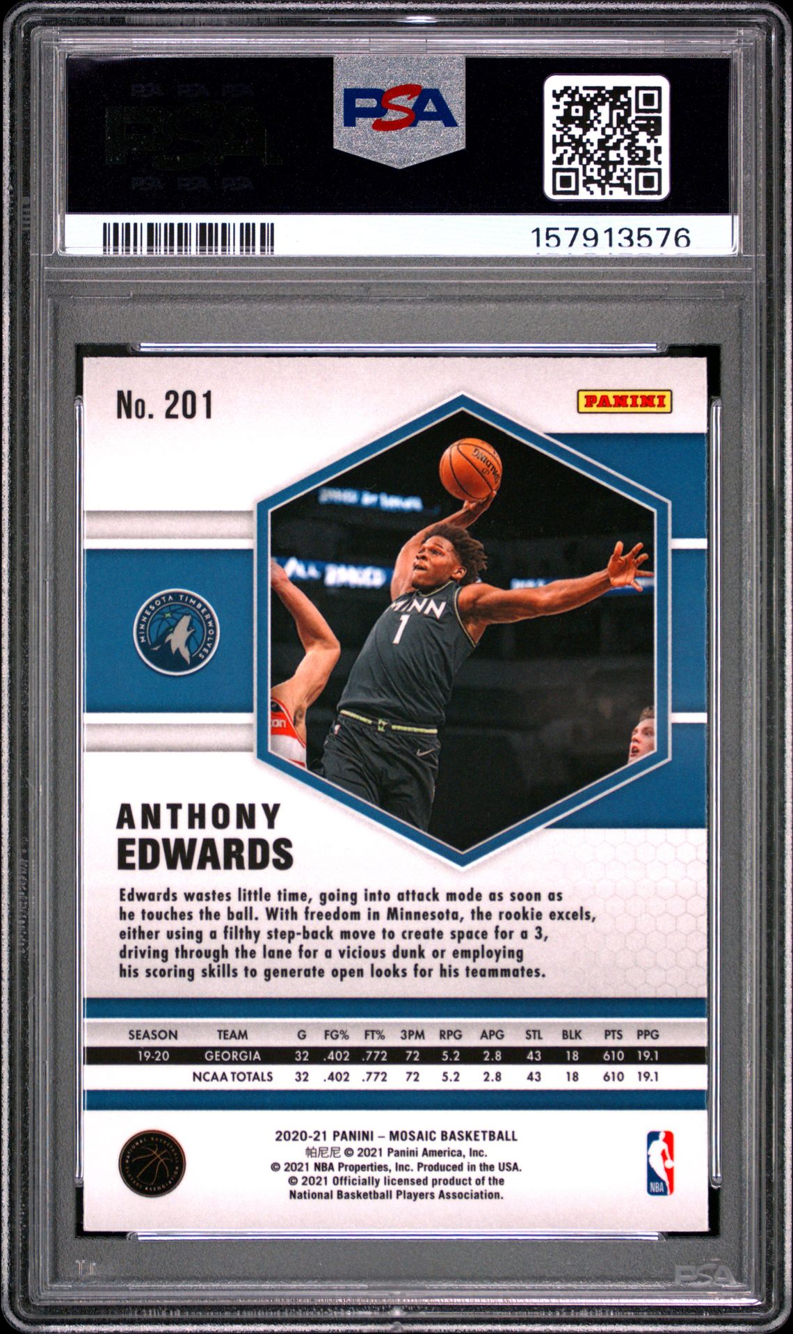 2020 Panini Mosaic Anthony Edwards #201 Mint 9 back