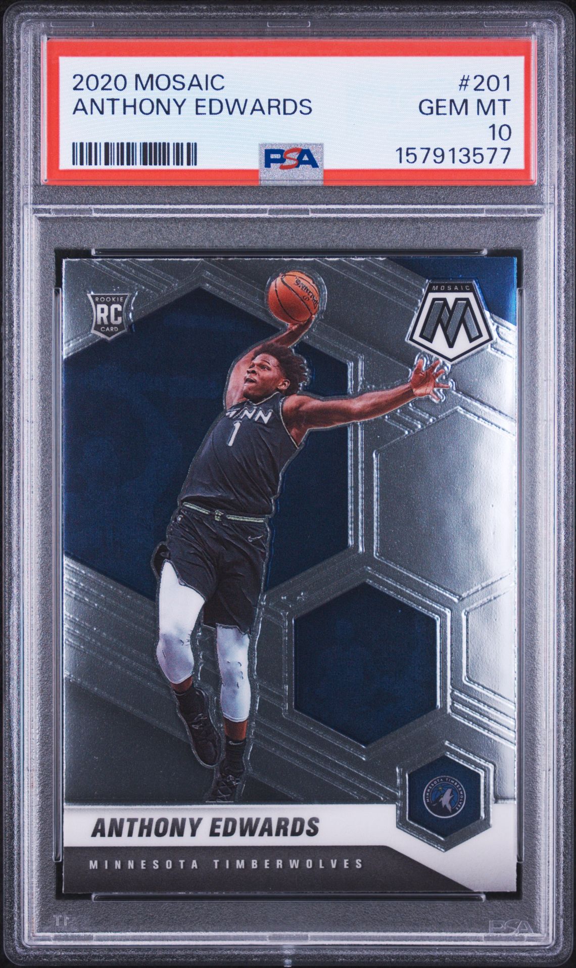 2020 Panini Mosaic Anthony Edwards #201 Gem Mt 10 front view - PSA graded GEM MT 10
