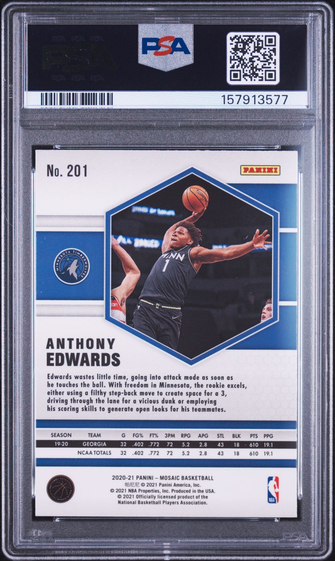 2020 Panini Mosaic Anthony Edwards #201 Gem Mt 10 back view - PSA certificate #157913577