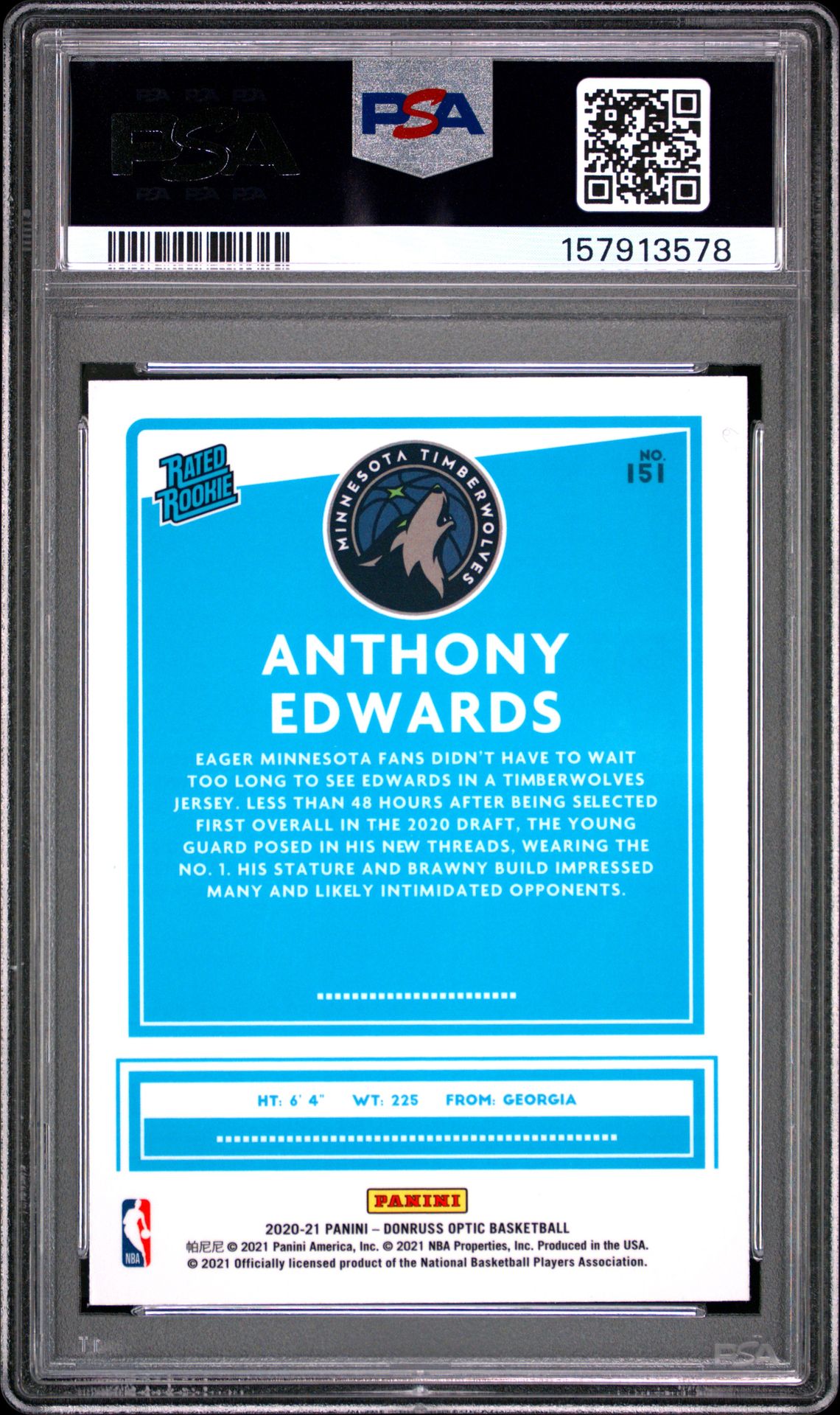 2020 Panini Donruss Optic Anthony Edwards #151 Gem Mt 10 back view - PSA certificate #157913578