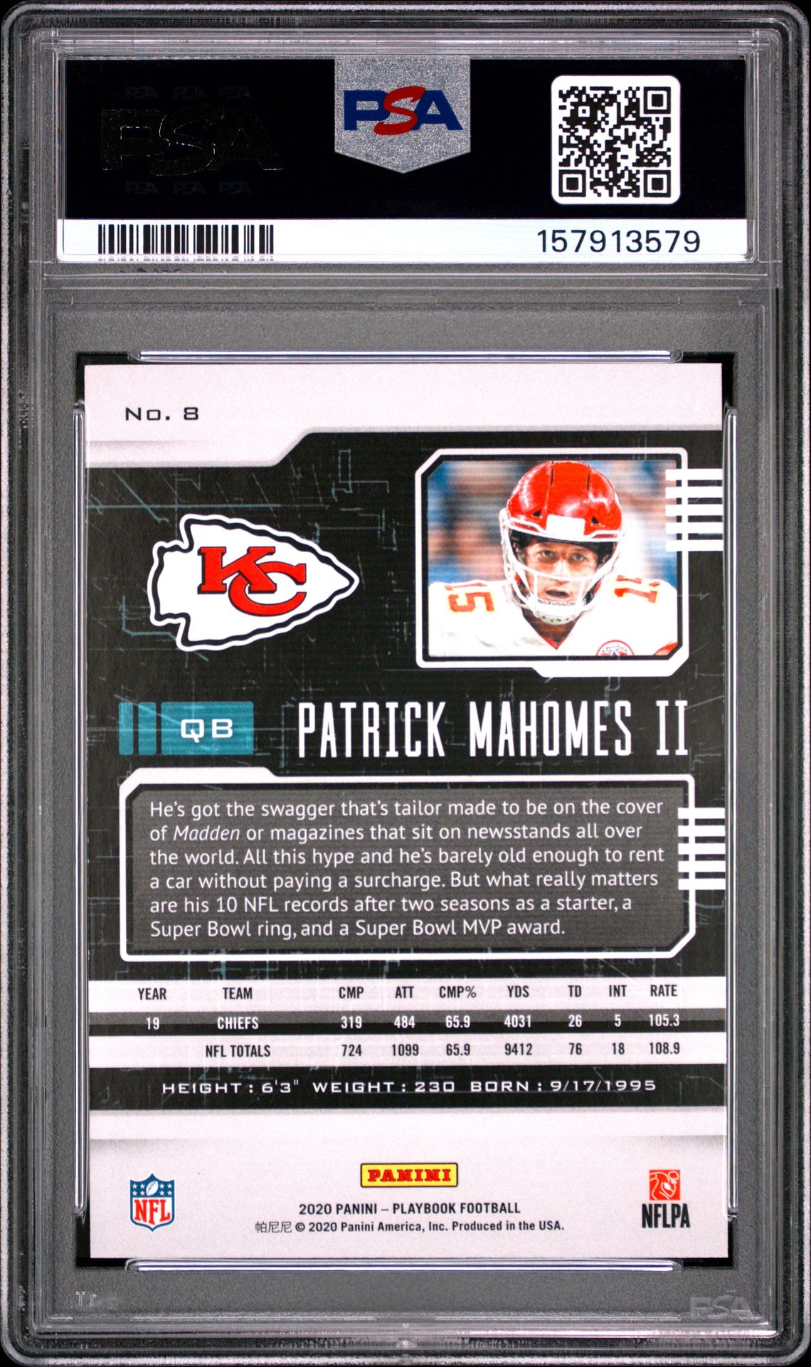 2020 Panini Playbook Patrick Mahomes Ii #8 (Gold) Ex-Mt 6 back