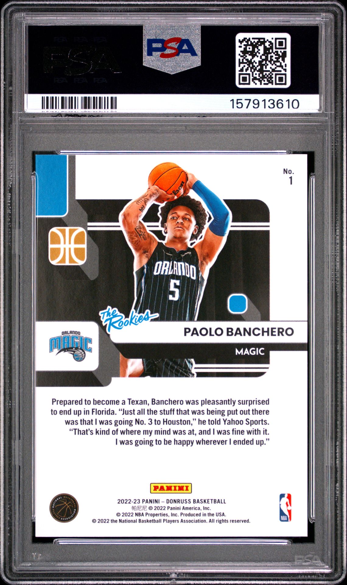 2022 Panini Donruss The Rookies Paolo Banchero #1 (The Rookies-Hl Yellow) Mint 9 back